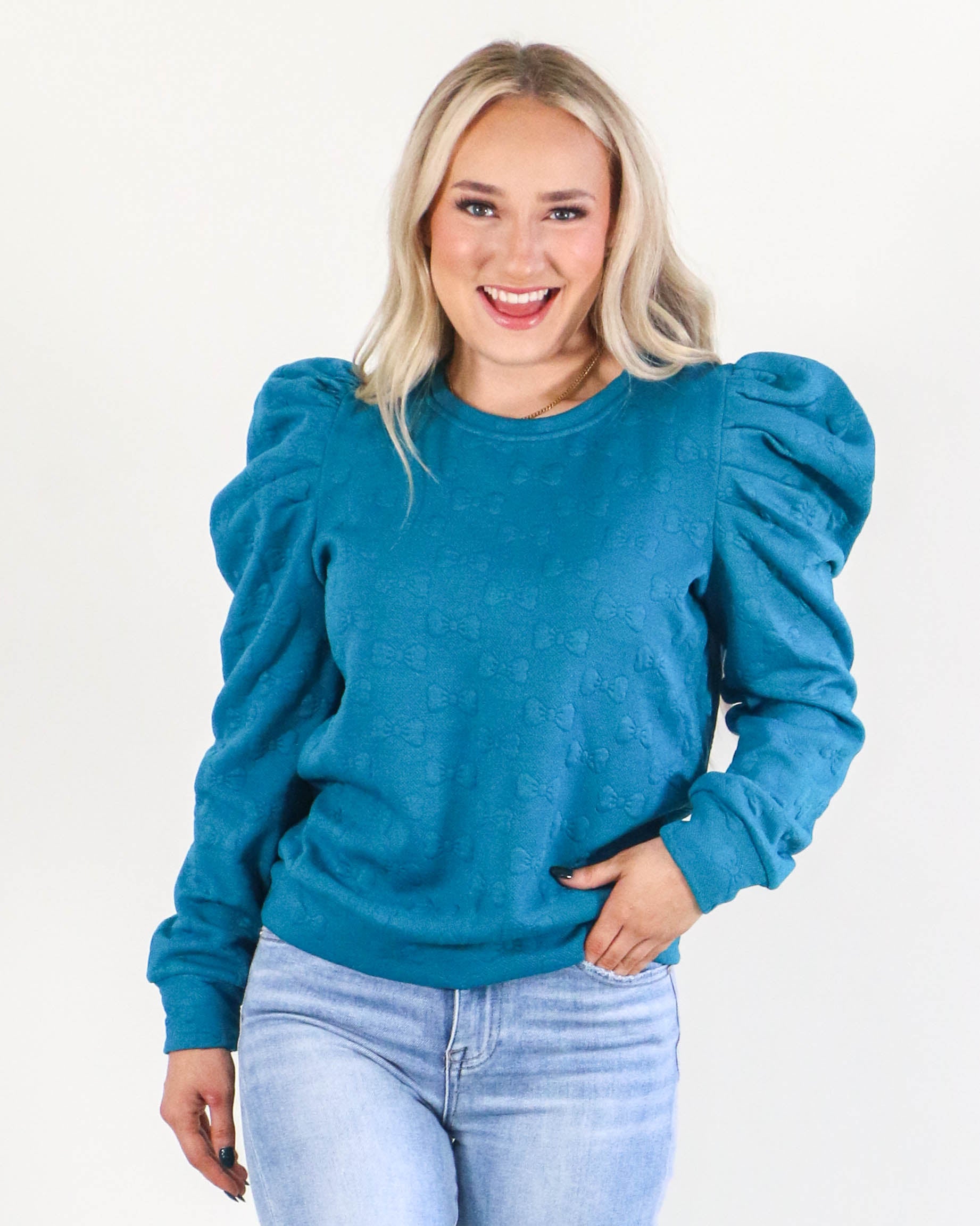 Jacquard Round Neck Top in Teal