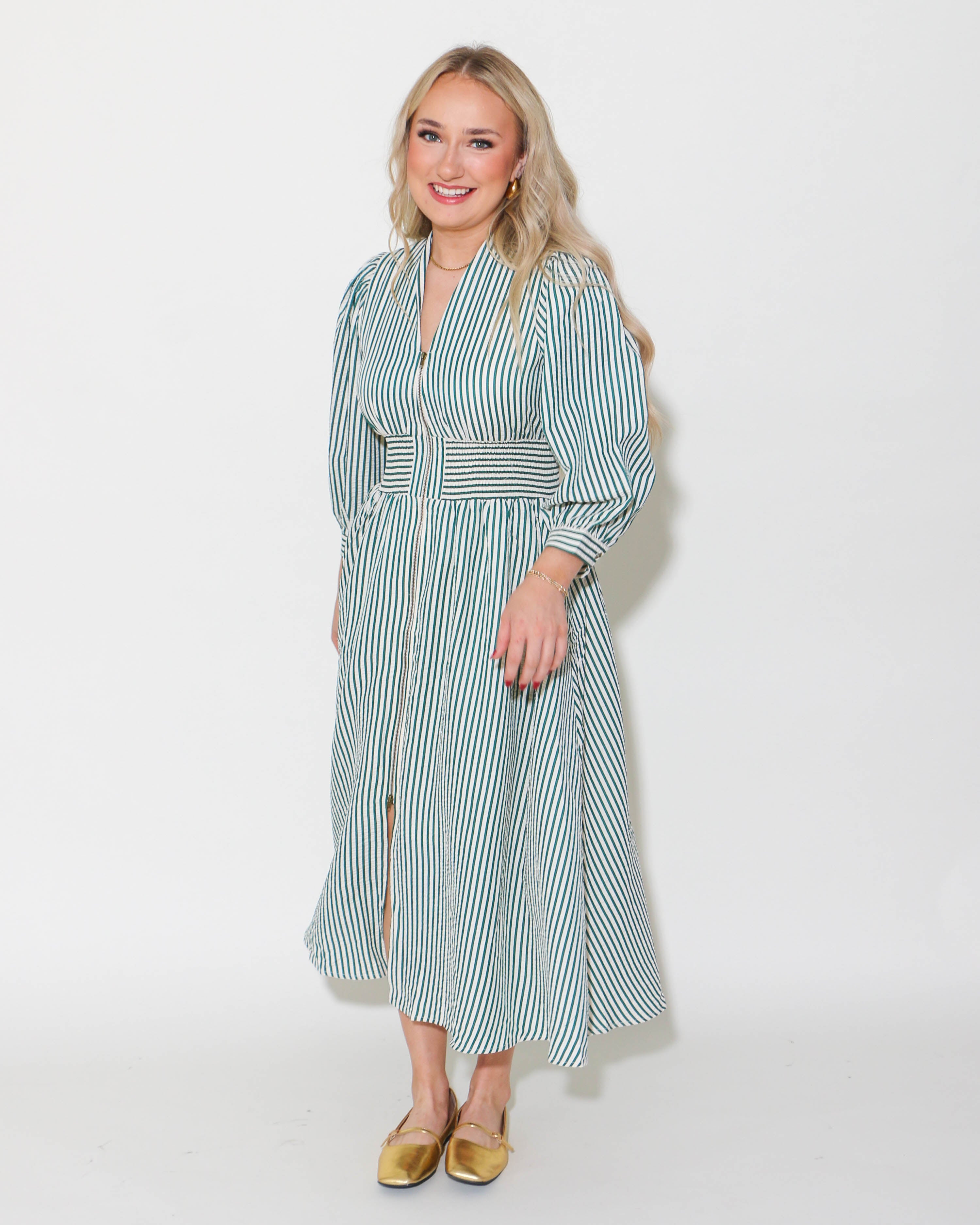 Striped Zip Up Midi Dress in Hunter Green