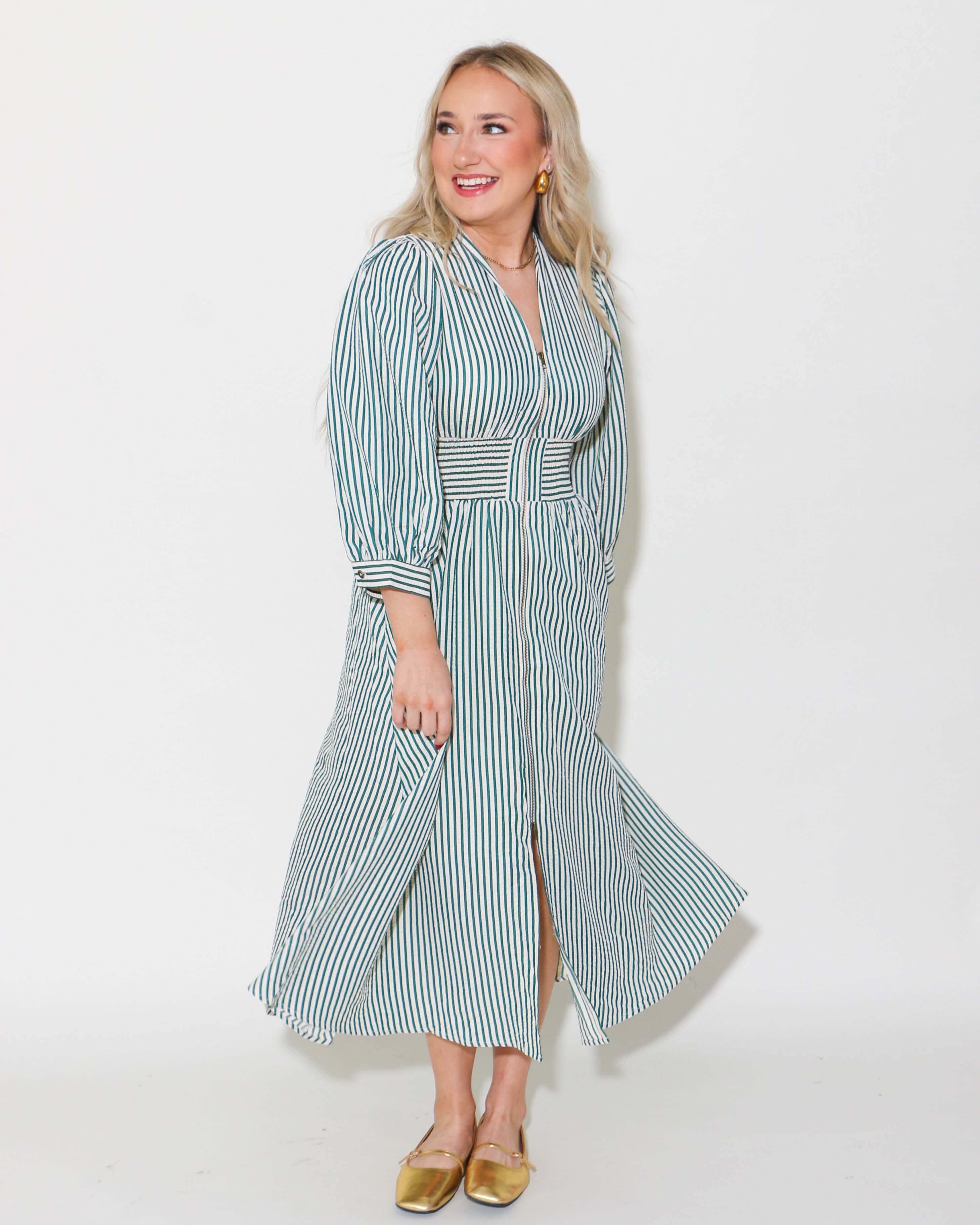 Striped Zip Up Midi Dress in Hunter Green