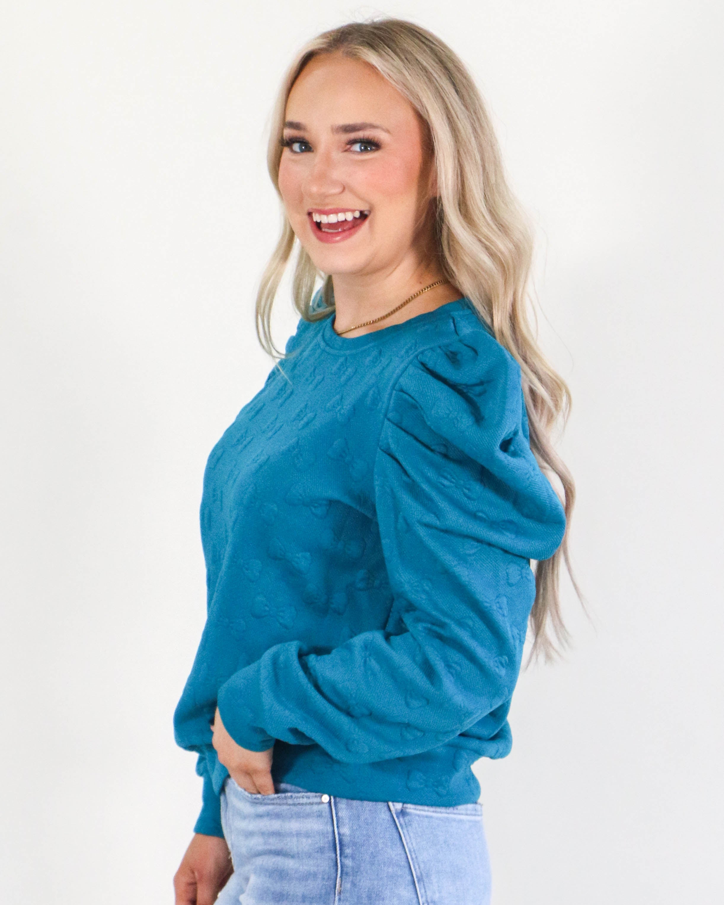 Jacquard Round Neck Top in Teal