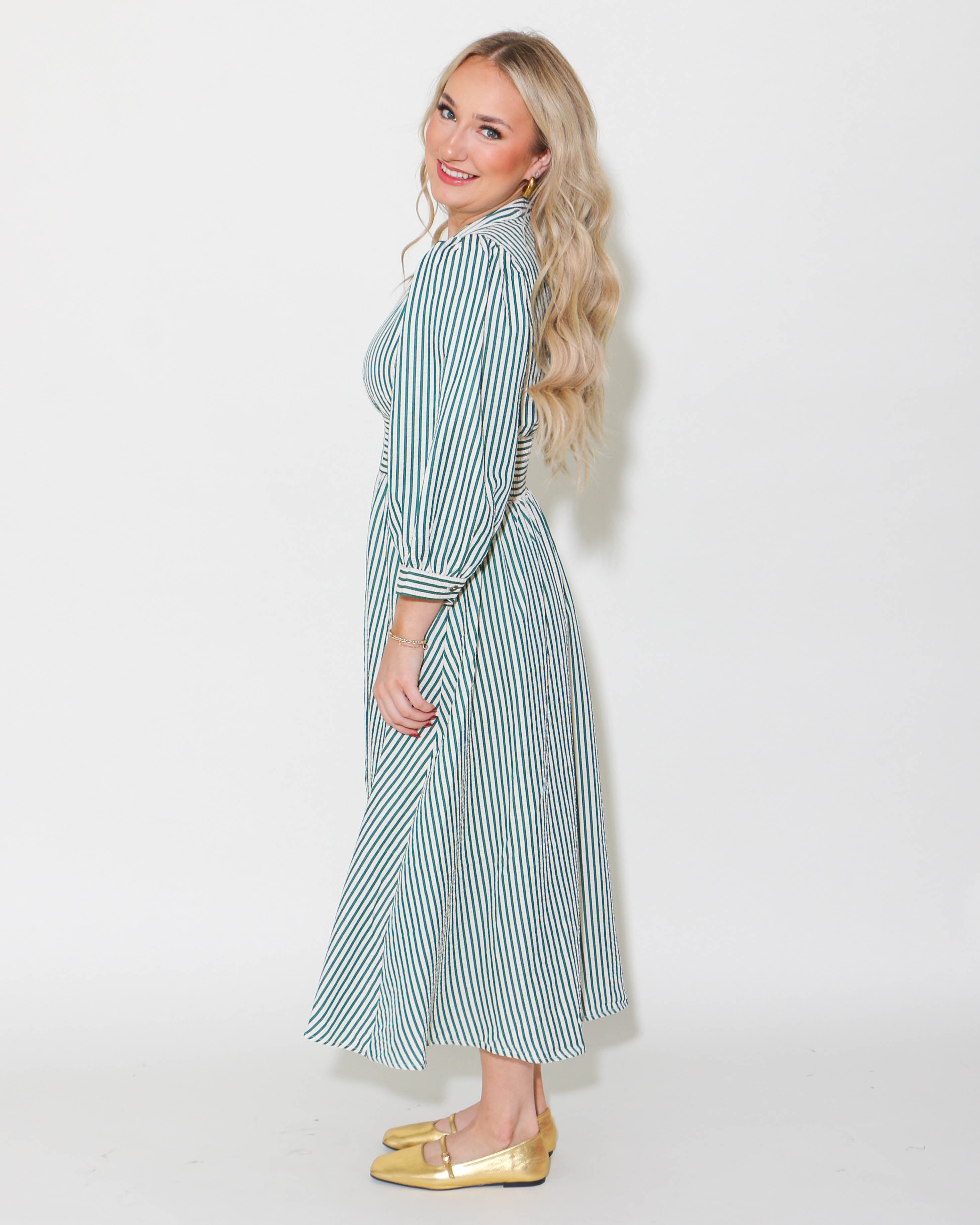 Striped Zip Up Midi Dress in Hunter Green