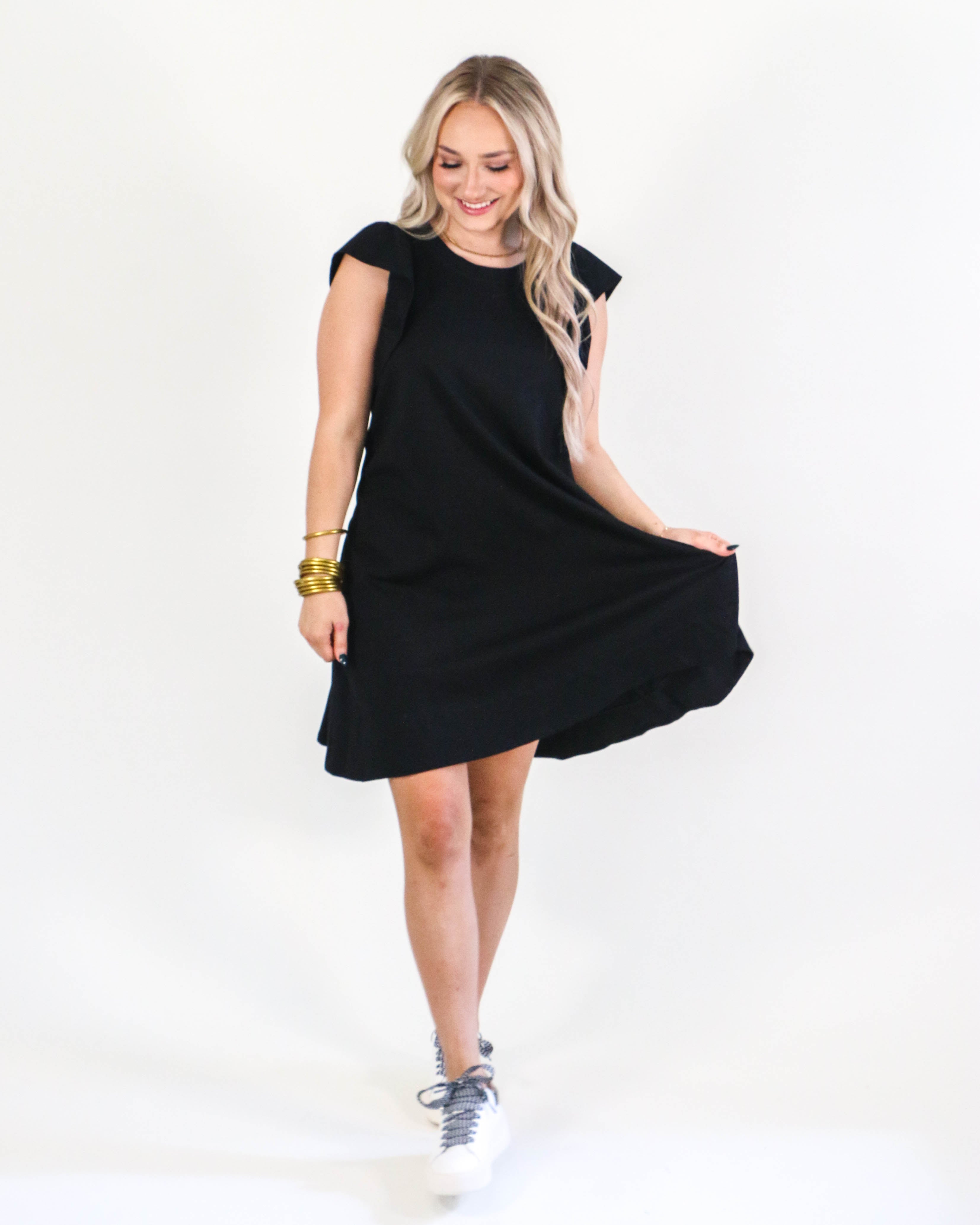 Solid Round Neck Ruffle Sleeve Mini Dress with Tie in Black