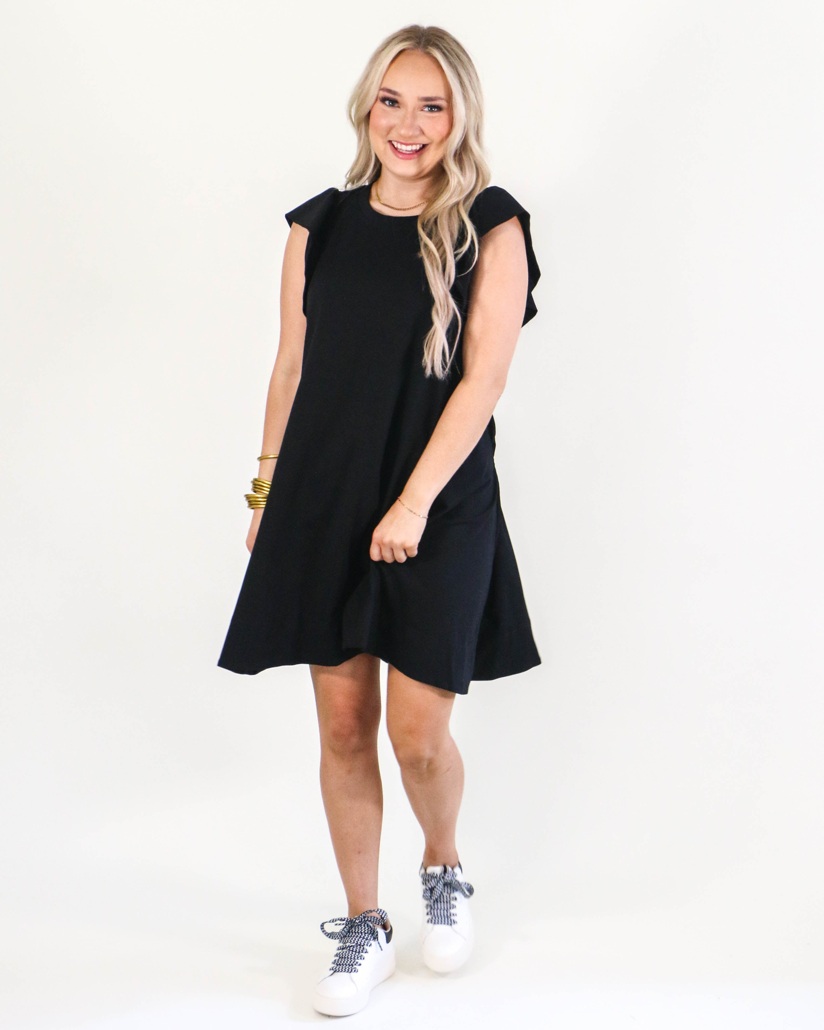 Solid Round Neck Ruffle Sleeve Mini Dress with Tie in Black