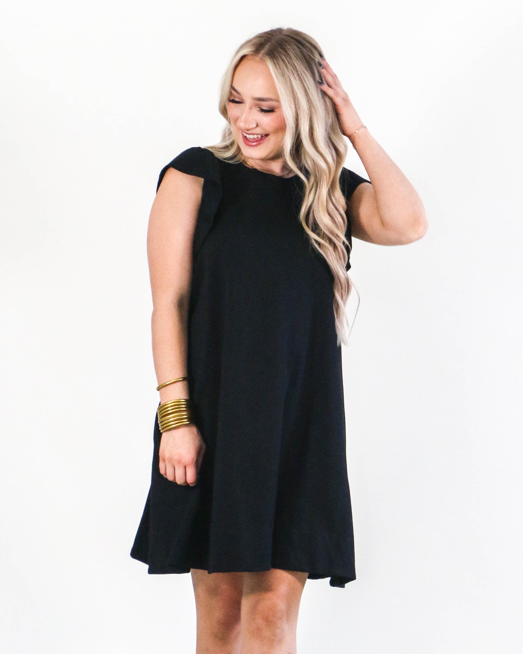 Solid Round Neck Ruffle Sleeve Mini Dress with Tie in Black