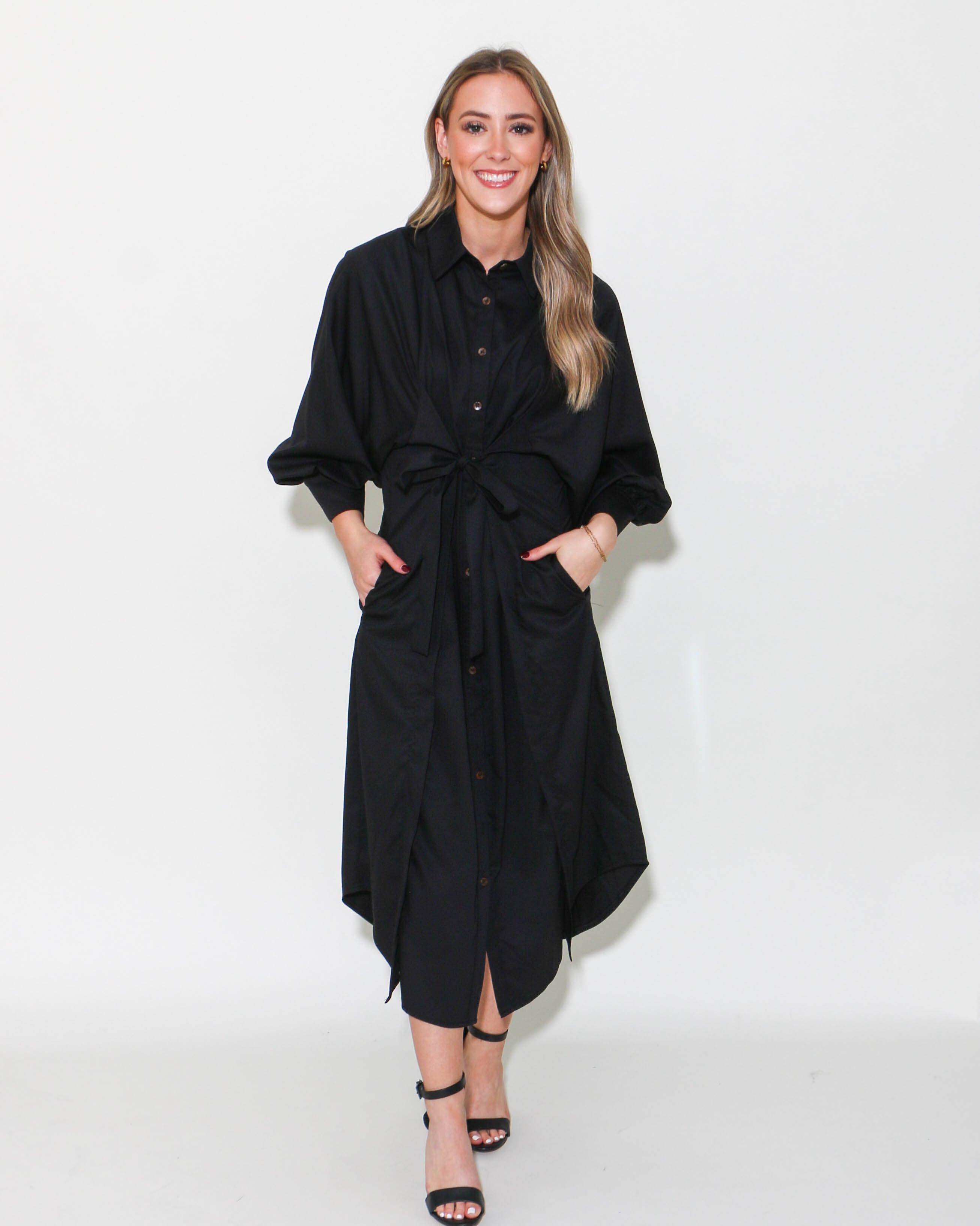 Black Solid Button Down Maxi Dress