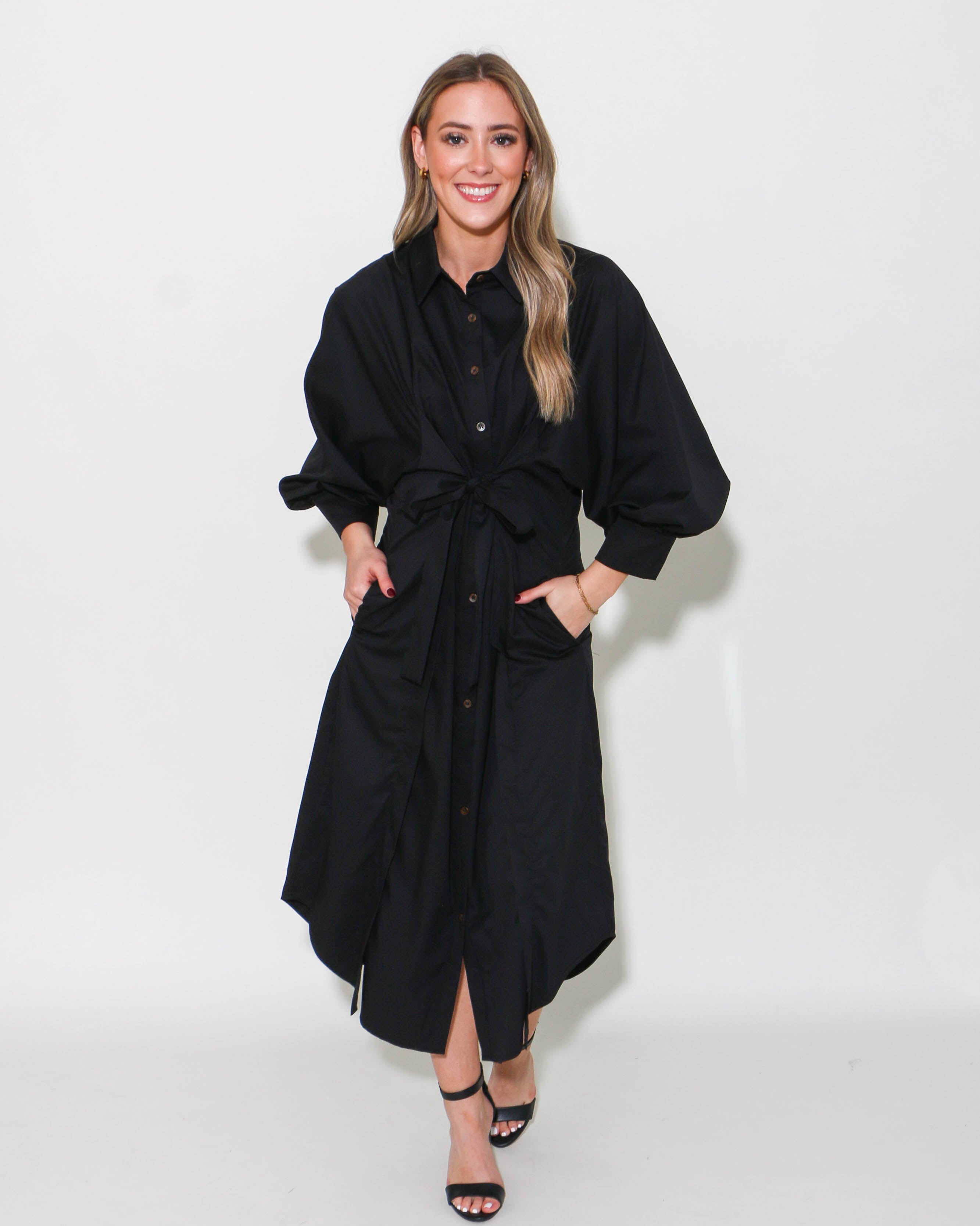 Black Solid Button Down Maxi Dress