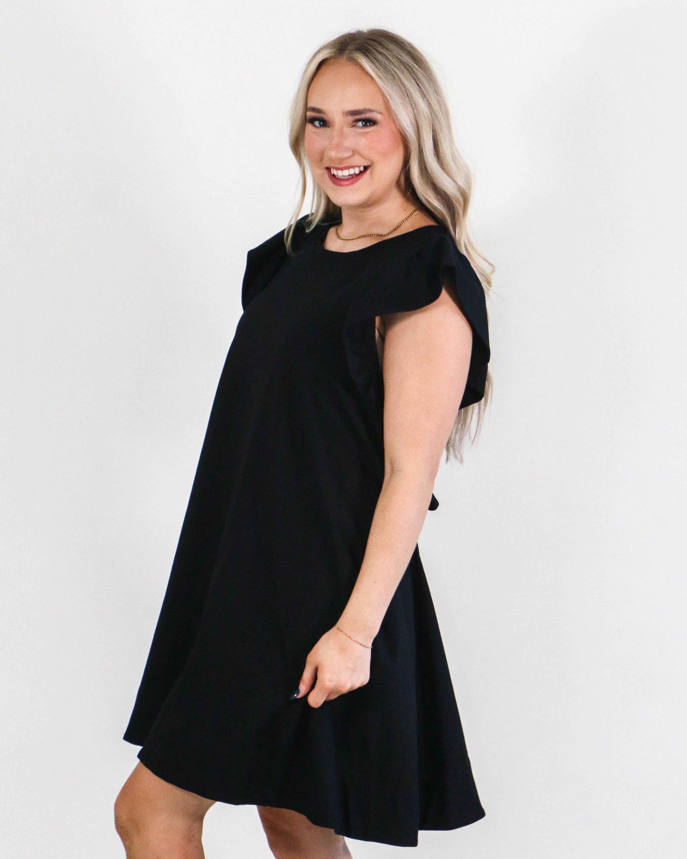 Solid Round Neck Ruffle Sleeve Mini Dress with Tie in Black