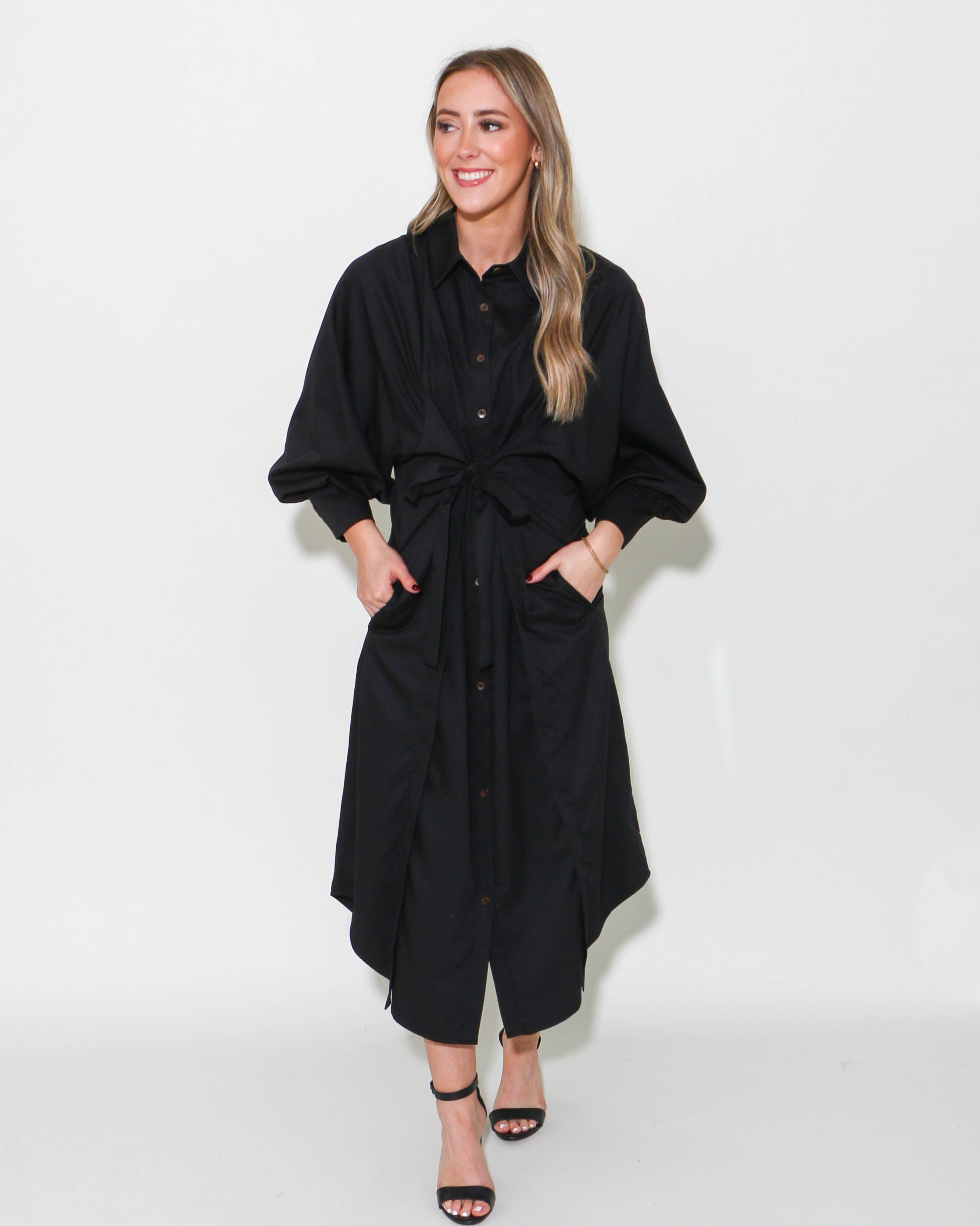 Black Solid Button Down Maxi Dress