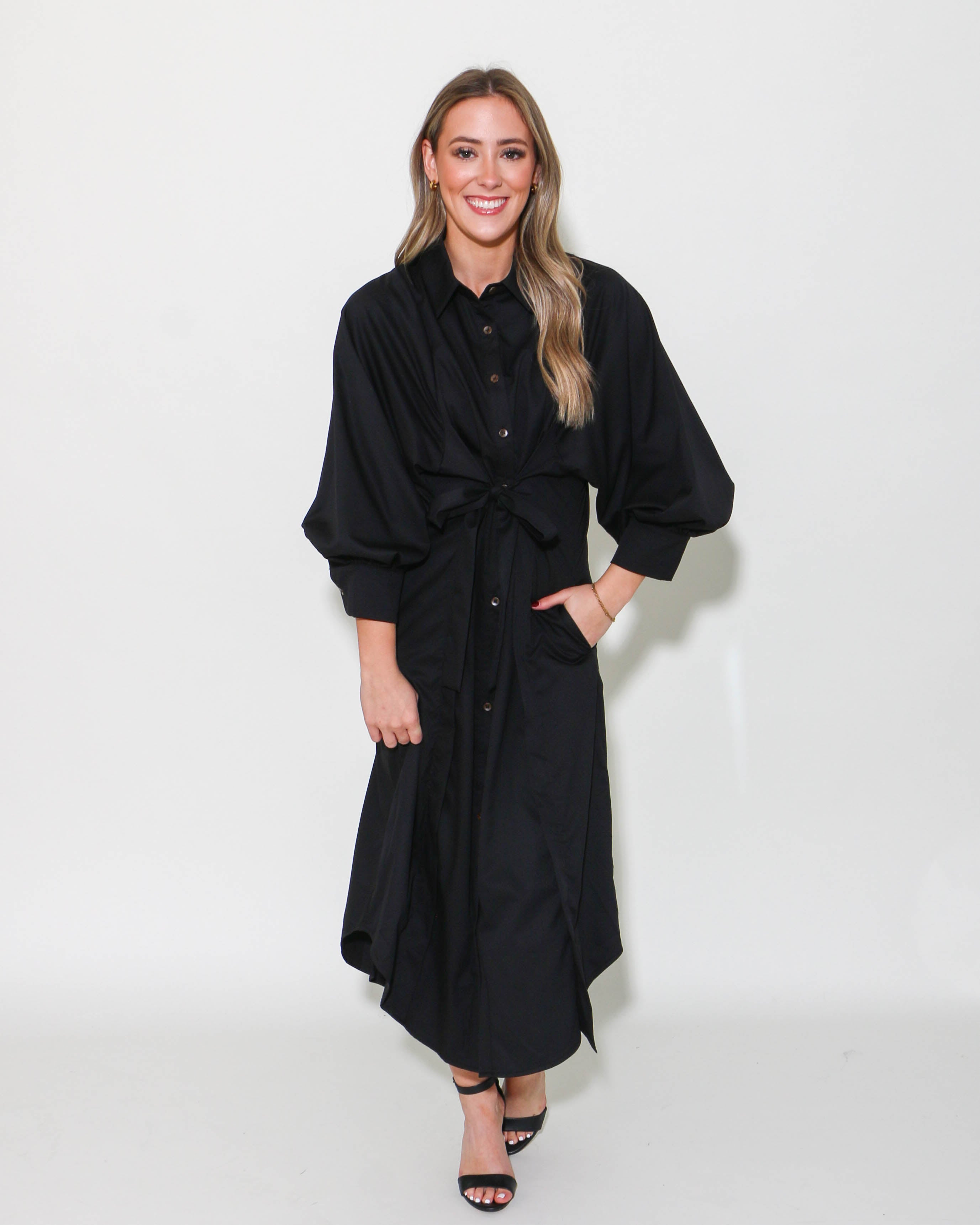 Black Solid Button Down Maxi Dress