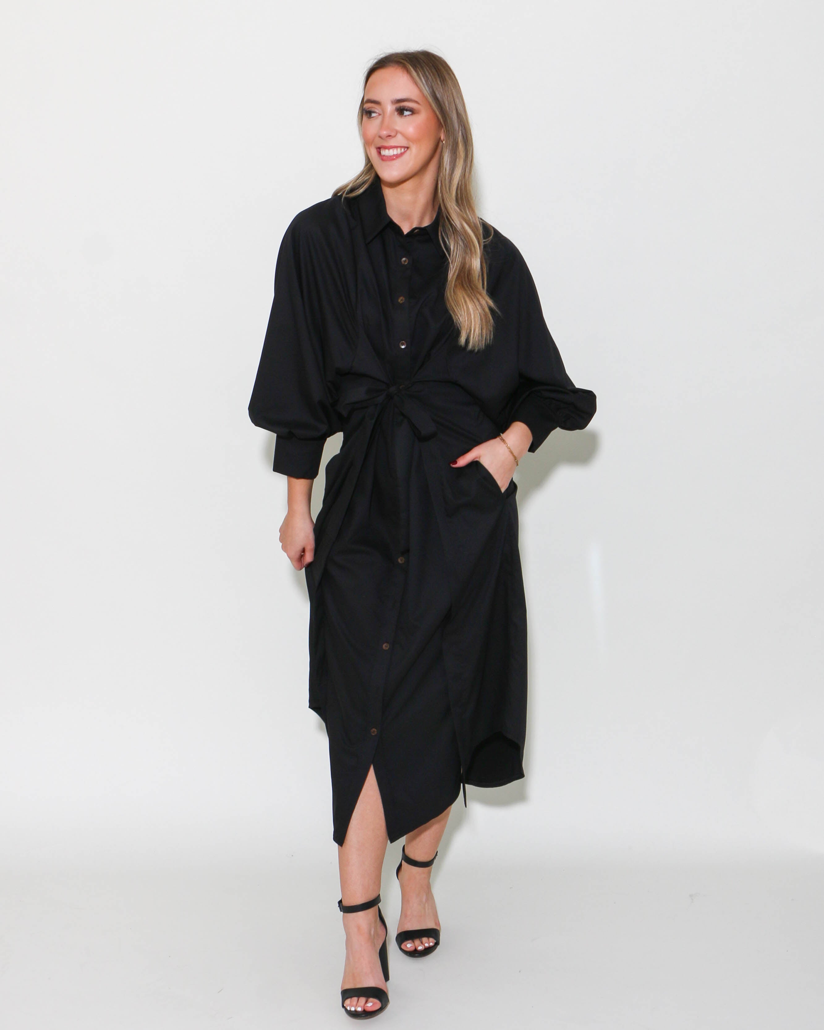 Black Solid Button Down Maxi Dress