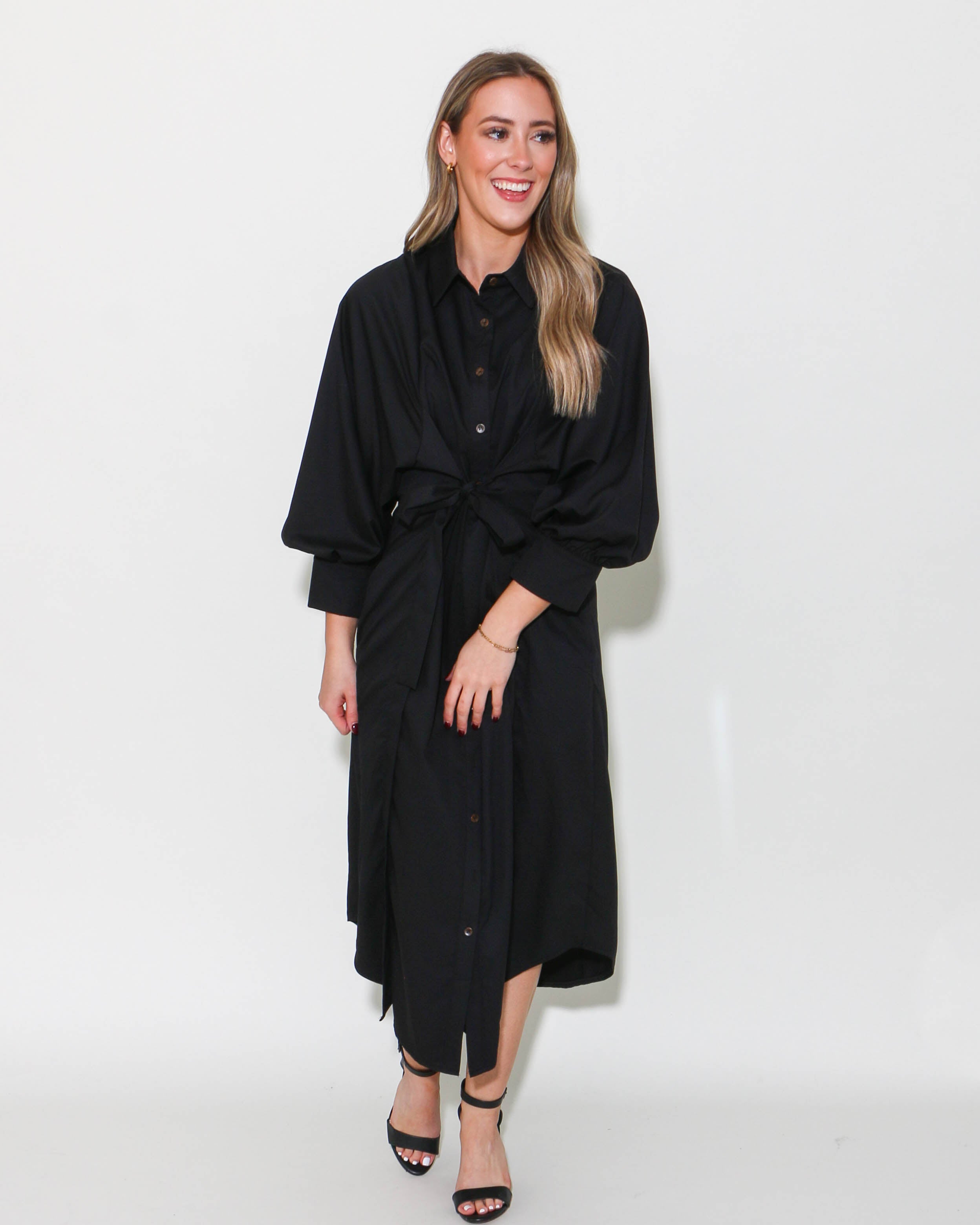 Black Solid Button Down Maxi Dress