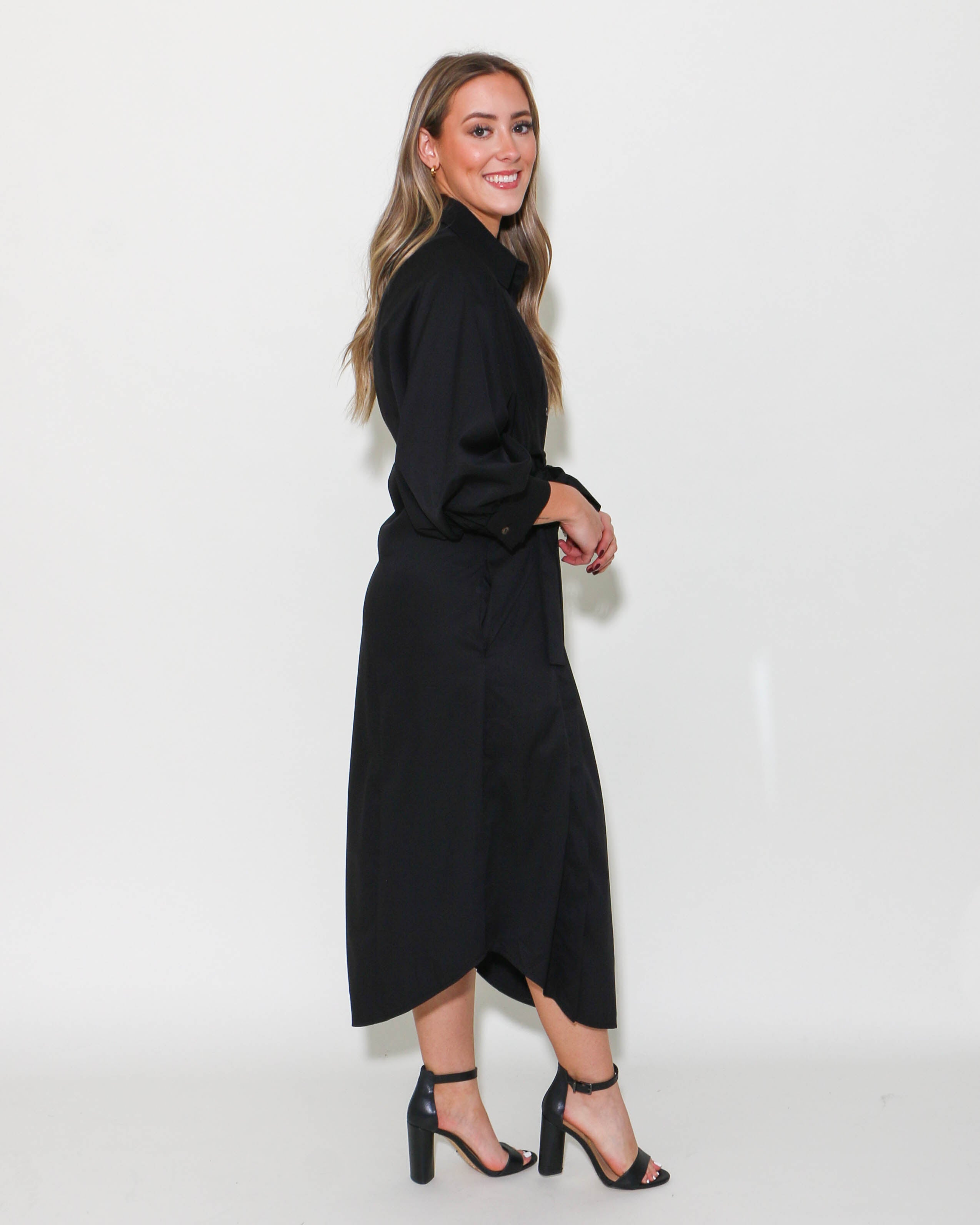 Black Solid Button Down Maxi Dress