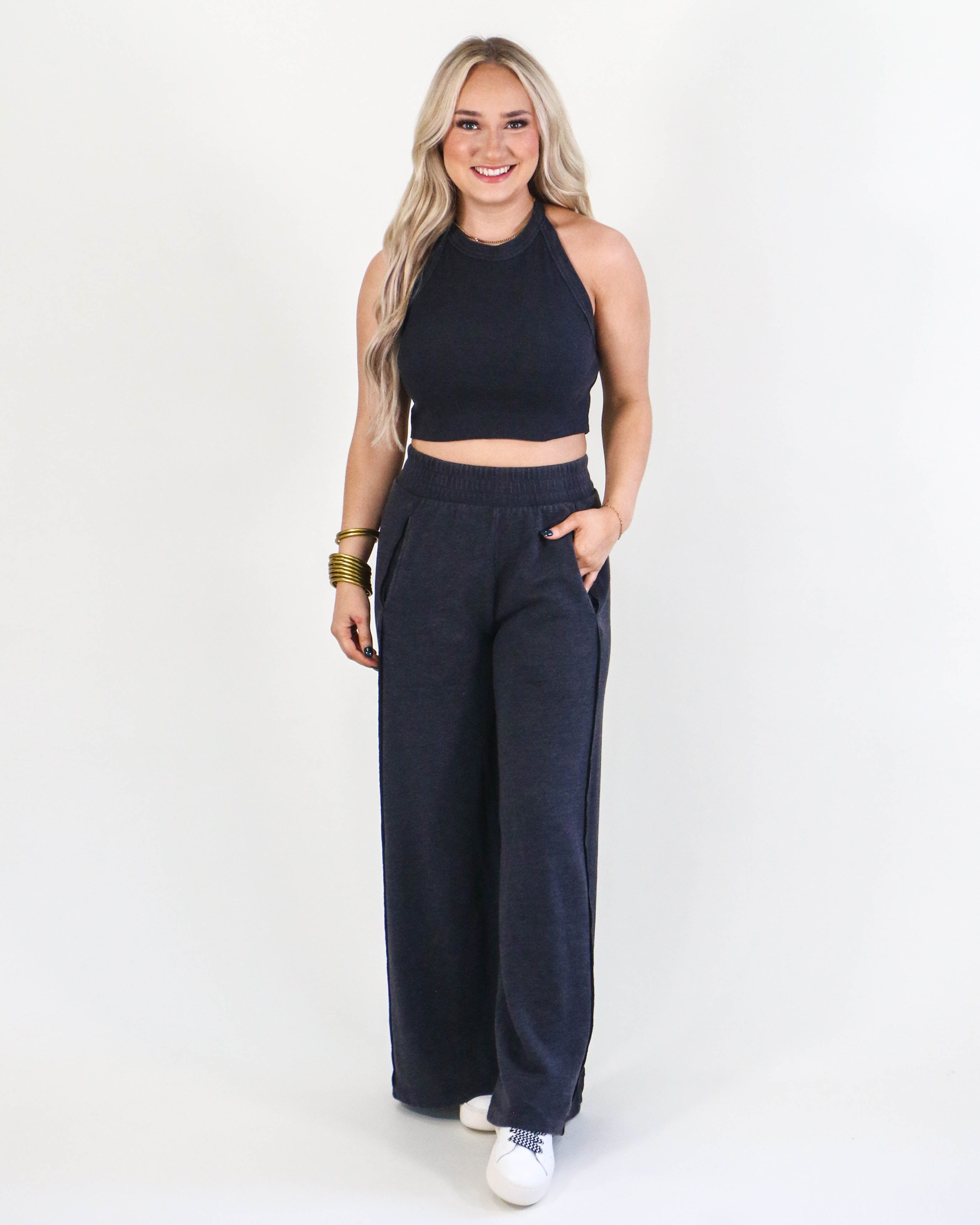 Halter Neck Crop Top and Pants Set in Charcoal