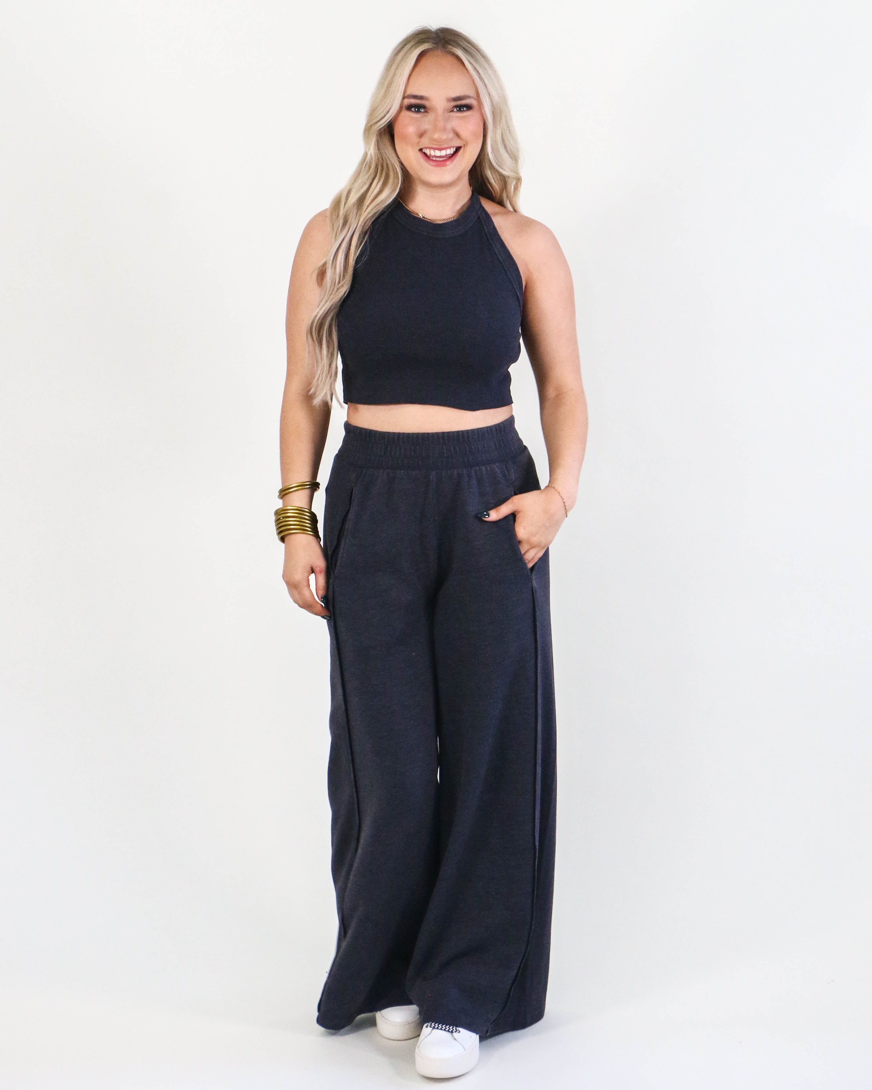 Halter Neck Crop Top and Pants Set in Charcoal