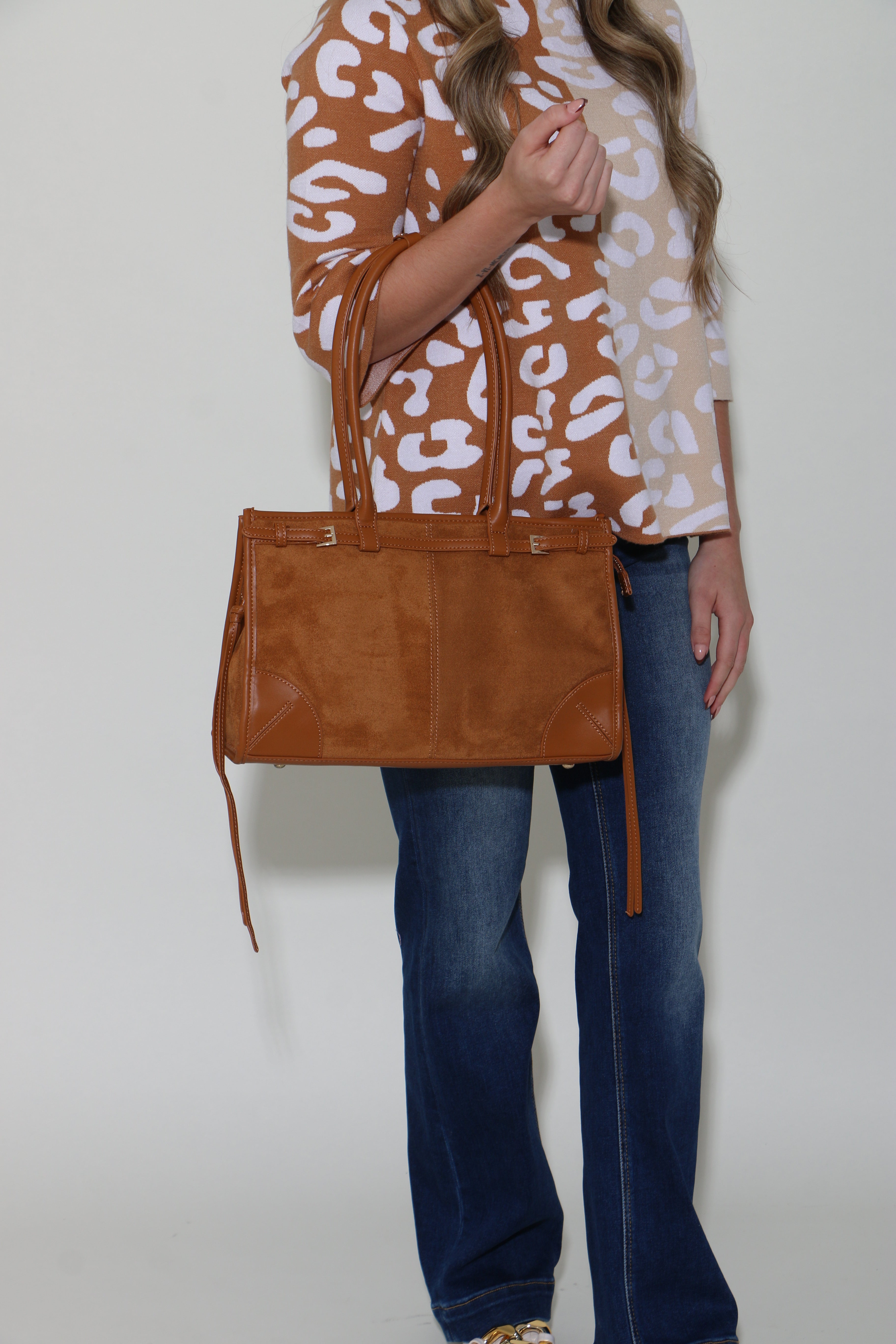 Suede Buckle Shoulder Bag in Brown