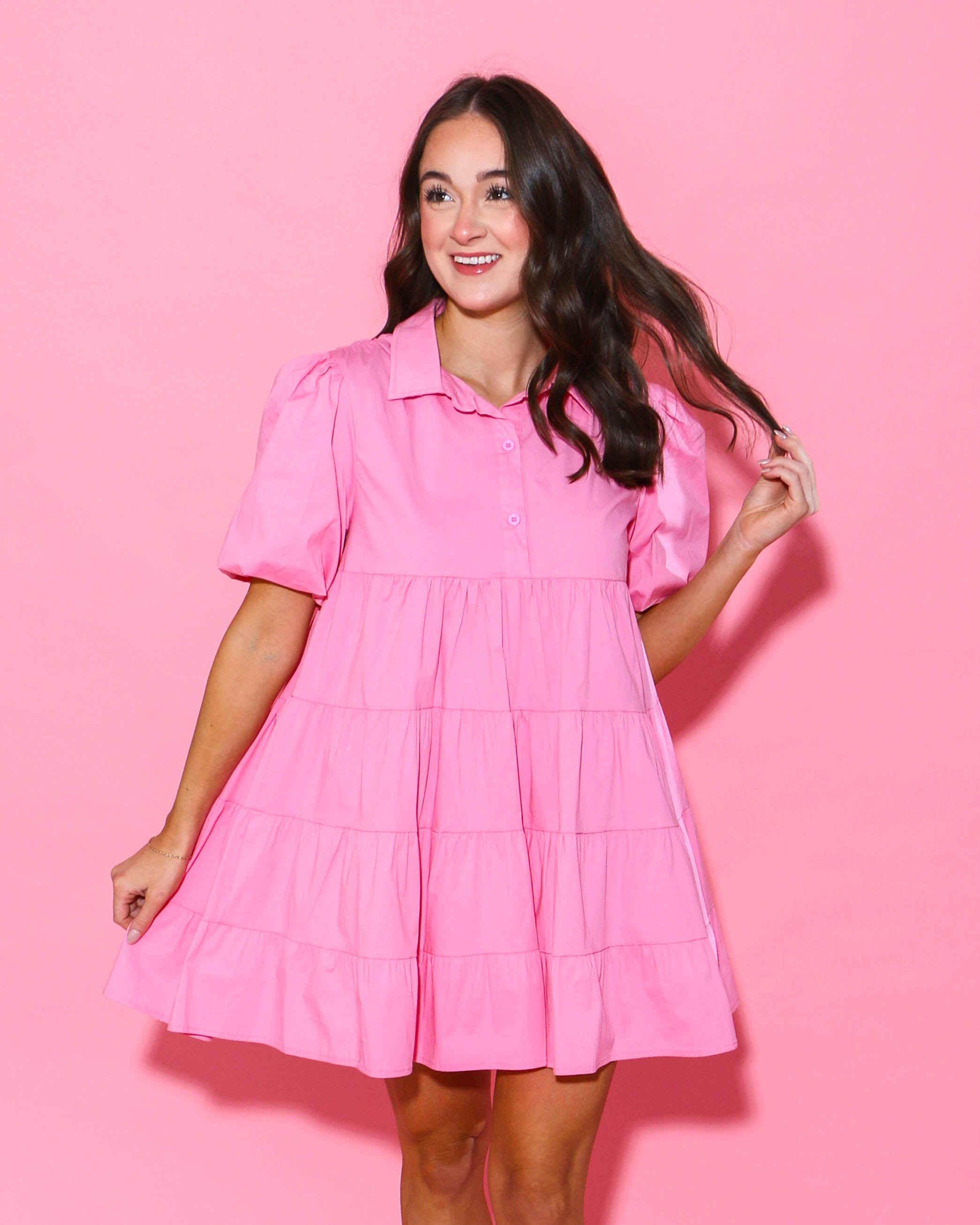 Button Up Tiered Puff SLV Shirt Dress