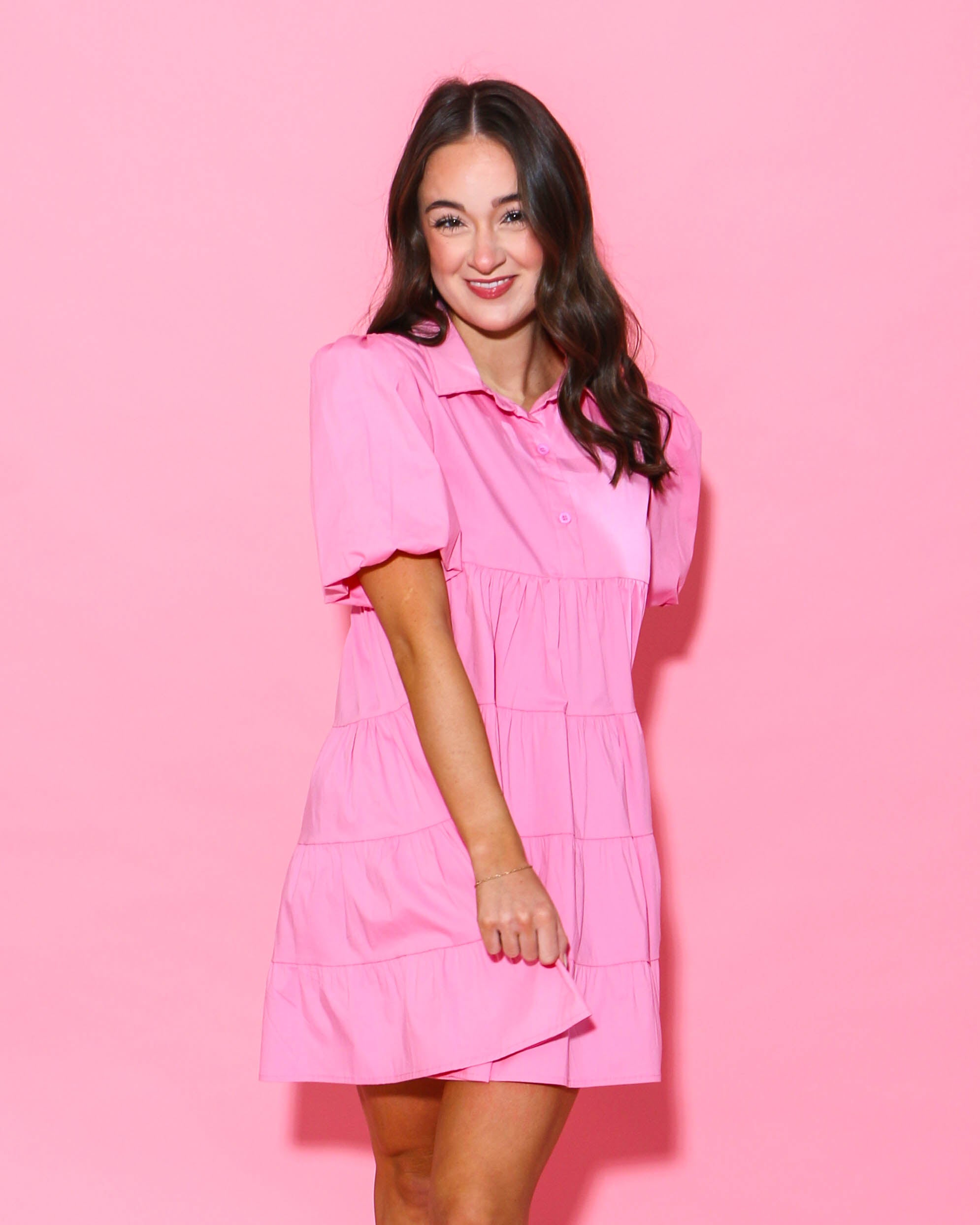 Button Up Tiered Puff SLV Shirt Dress