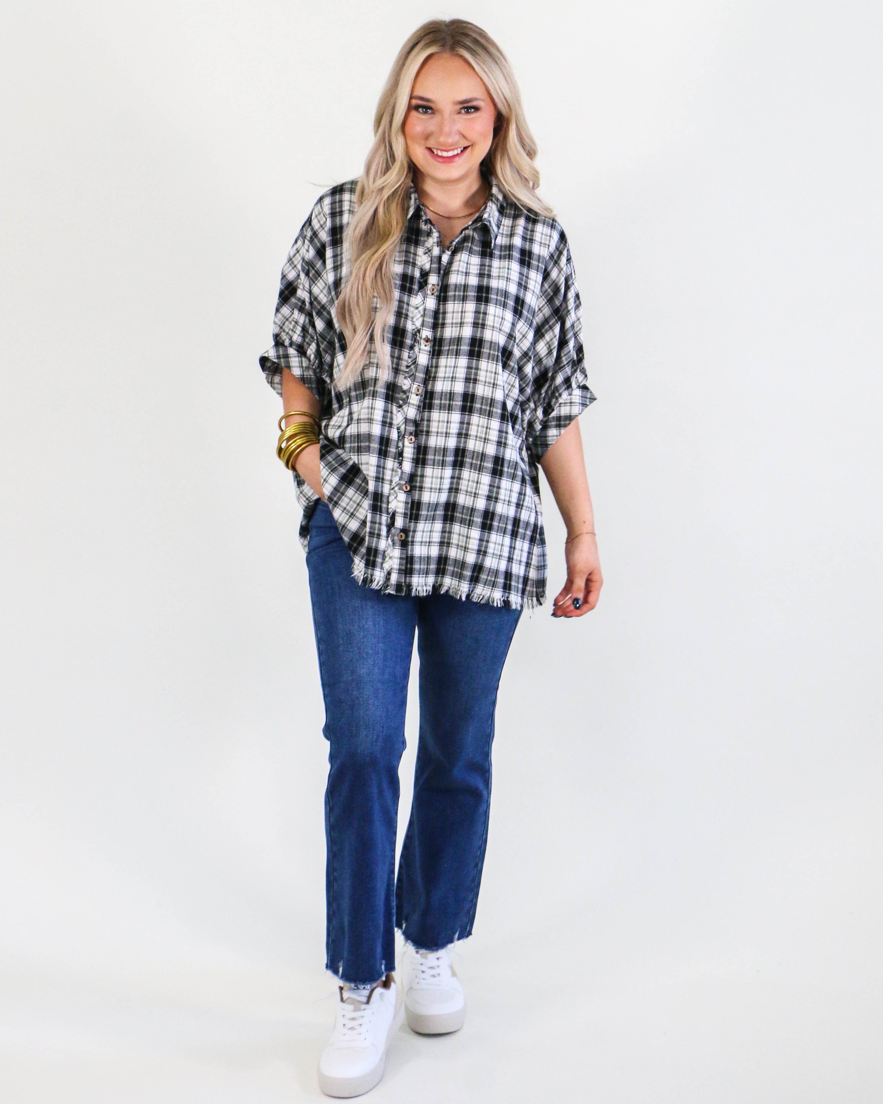 Plaid Collared Button Down Top in Black