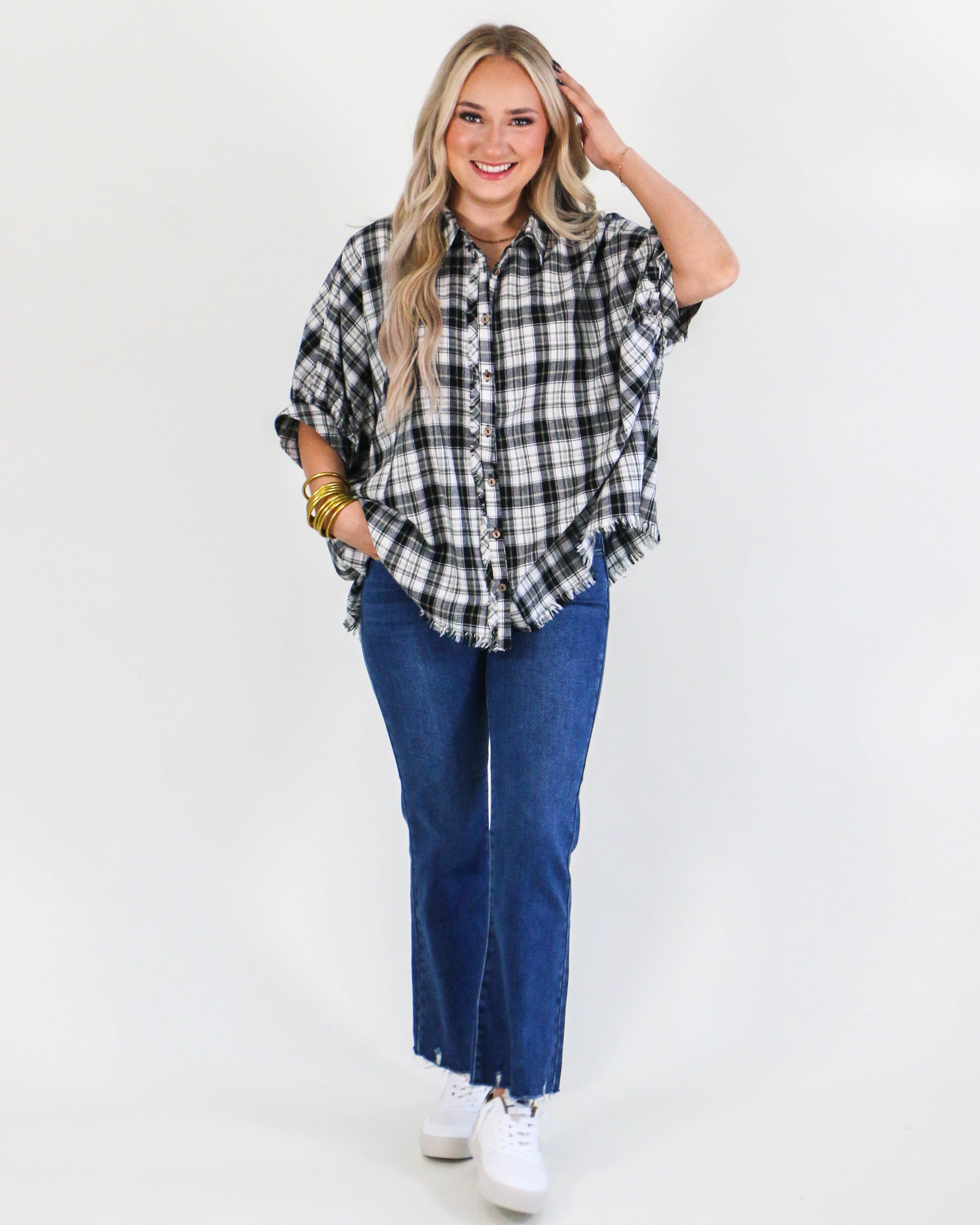 Plaid Collared Button Down Top in Black