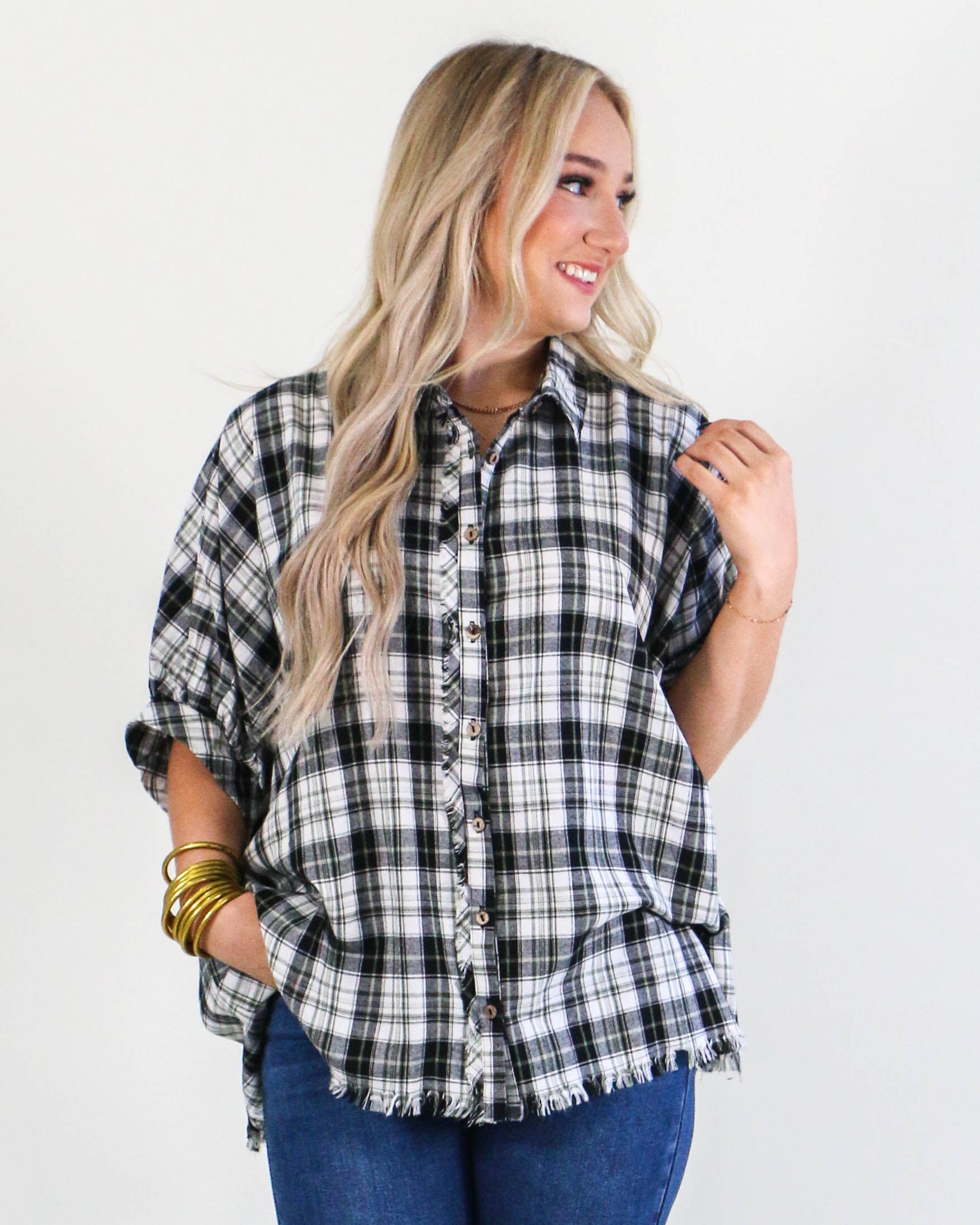 Plaid Collared Button Down Top in Black