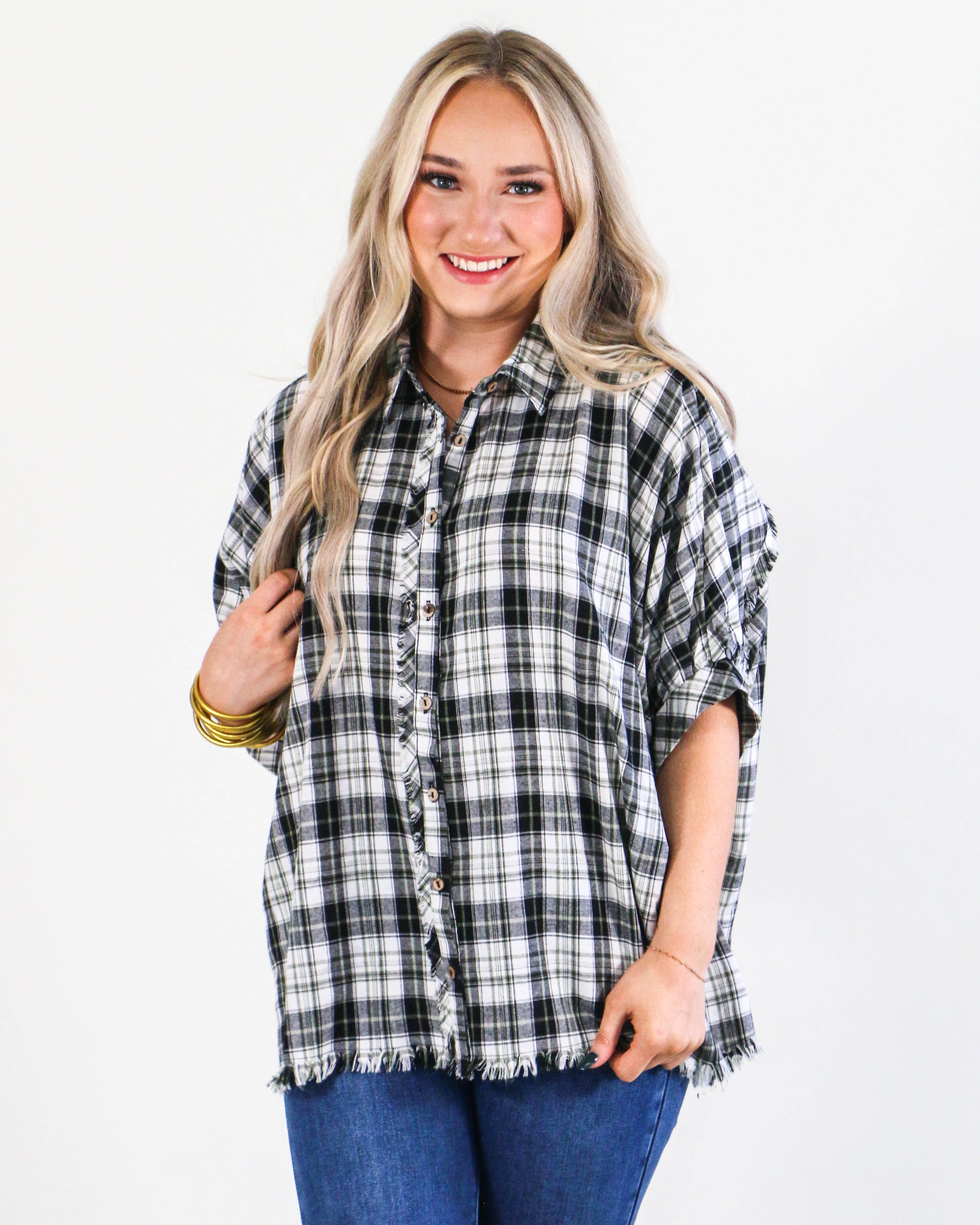 Plaid Collared Button Down Top in Black