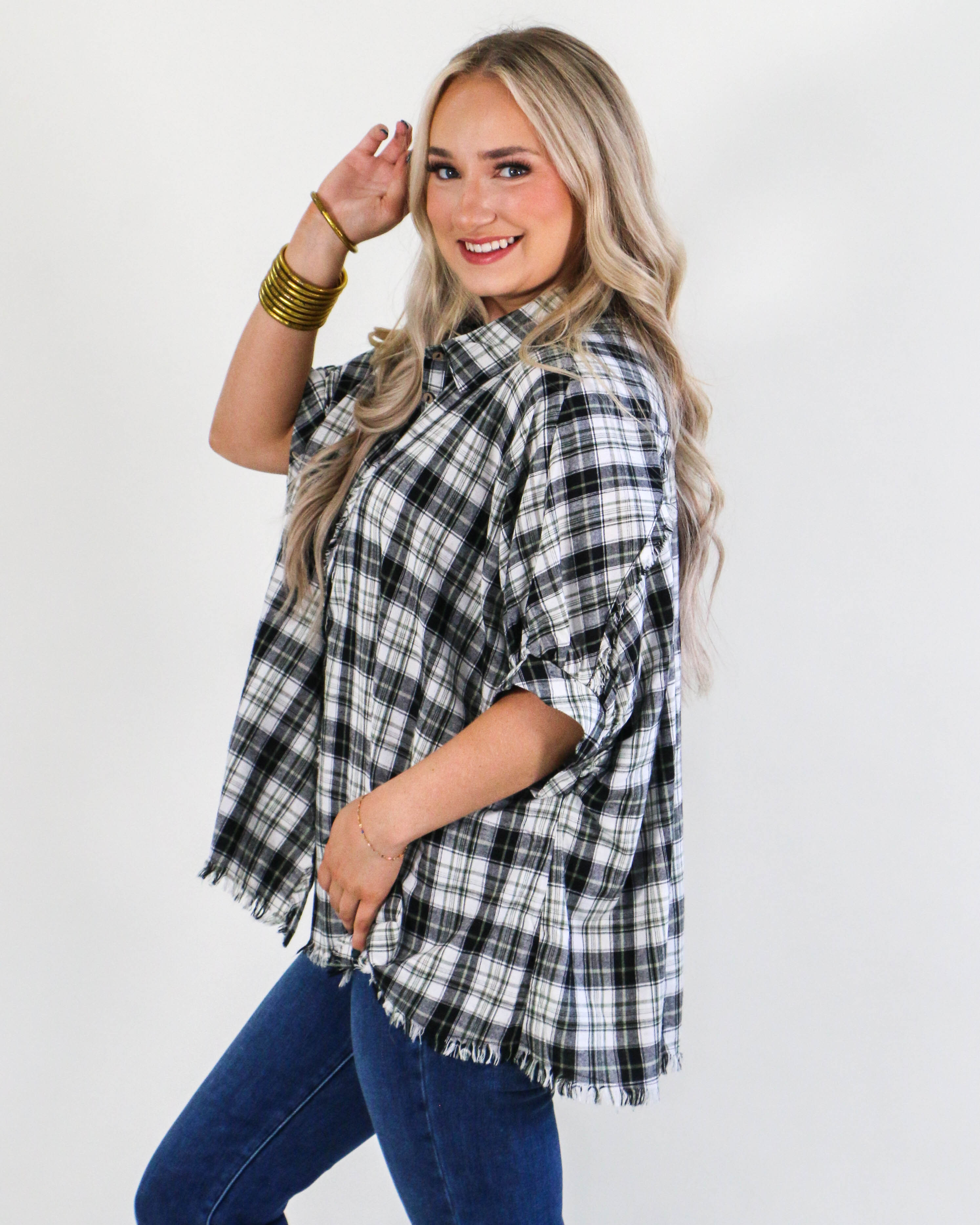 Plaid Collared Button Down Top in Black