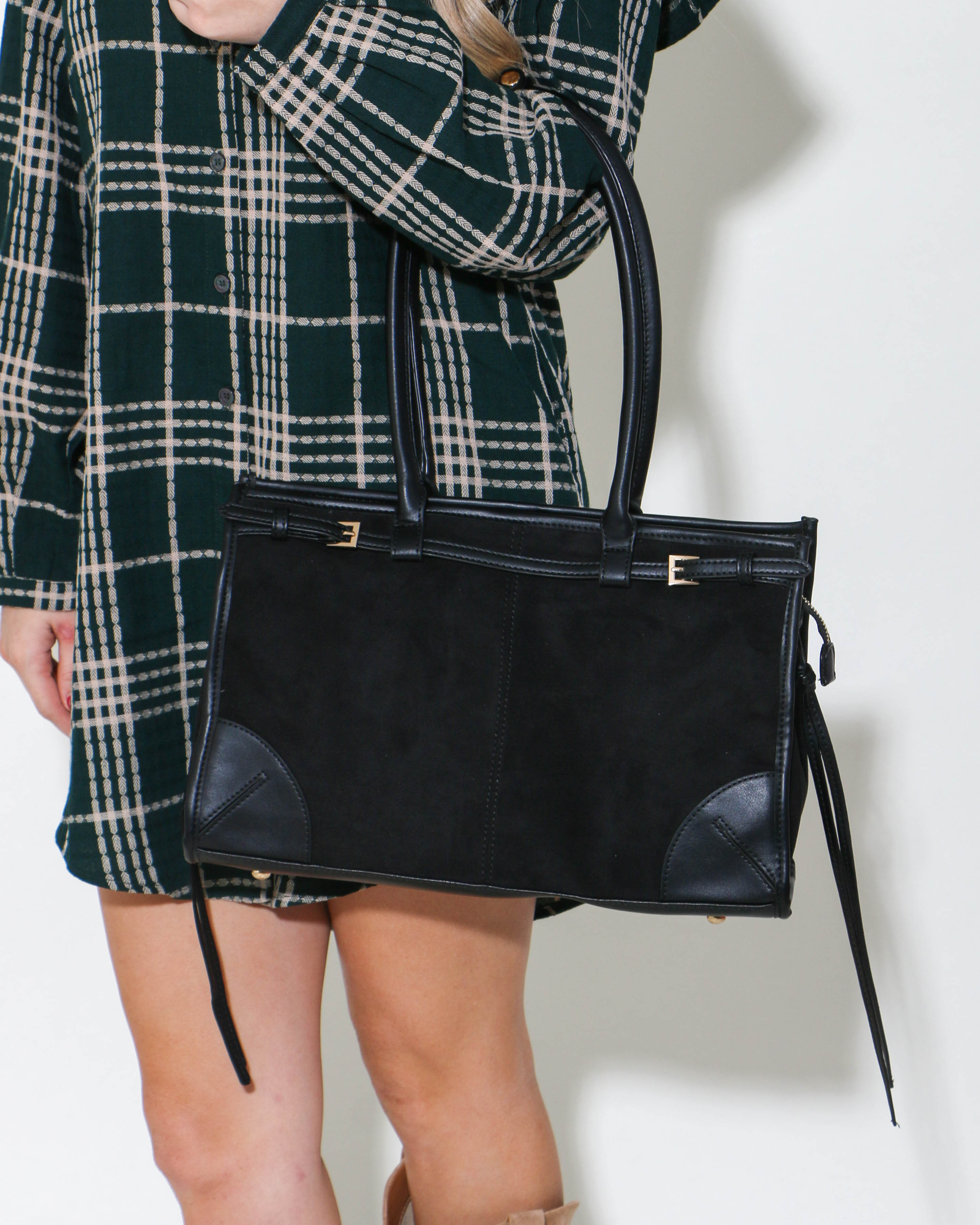 Suede Buckle Shoulder Bag in Black