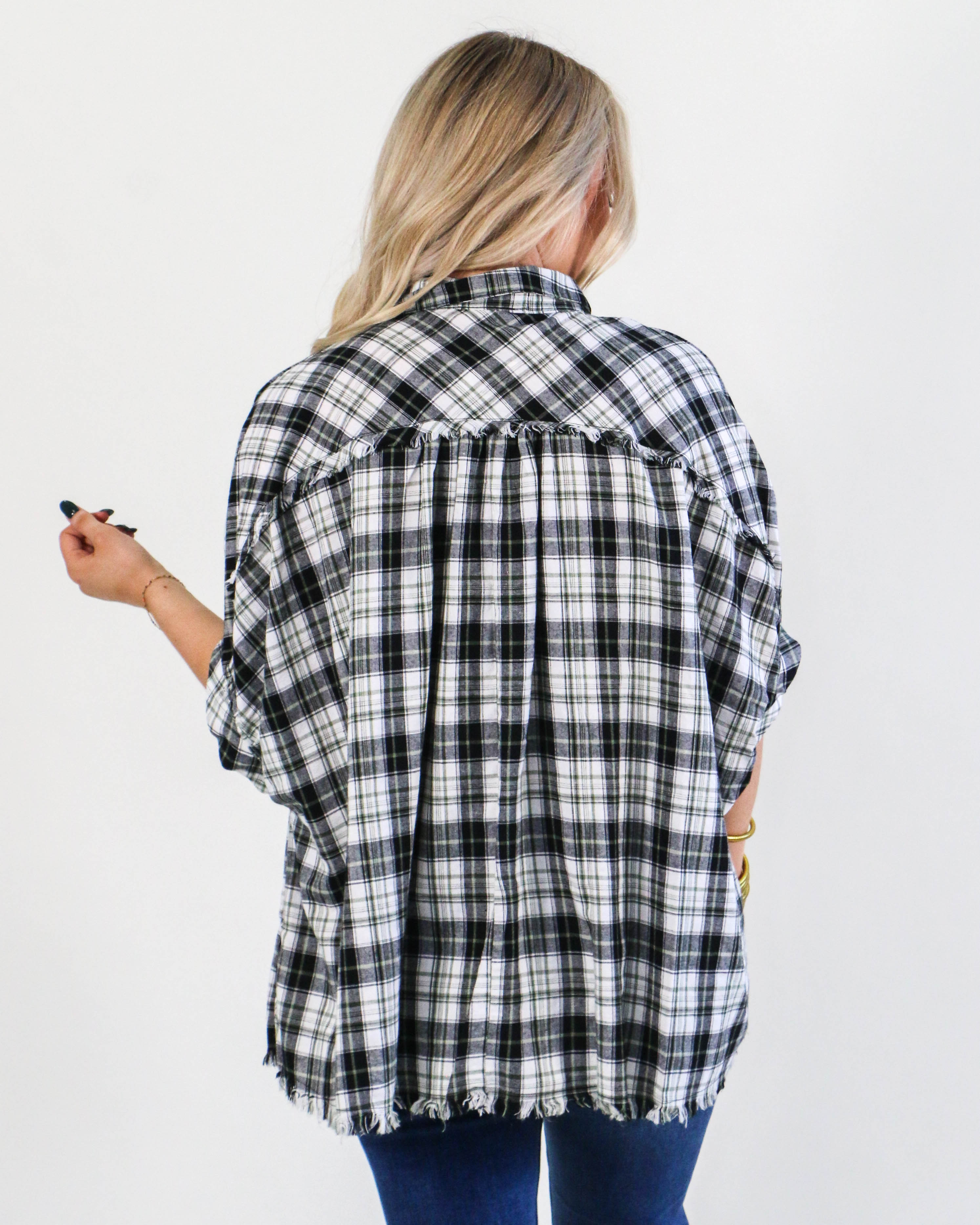 Plaid Collared Button Down Top in Black