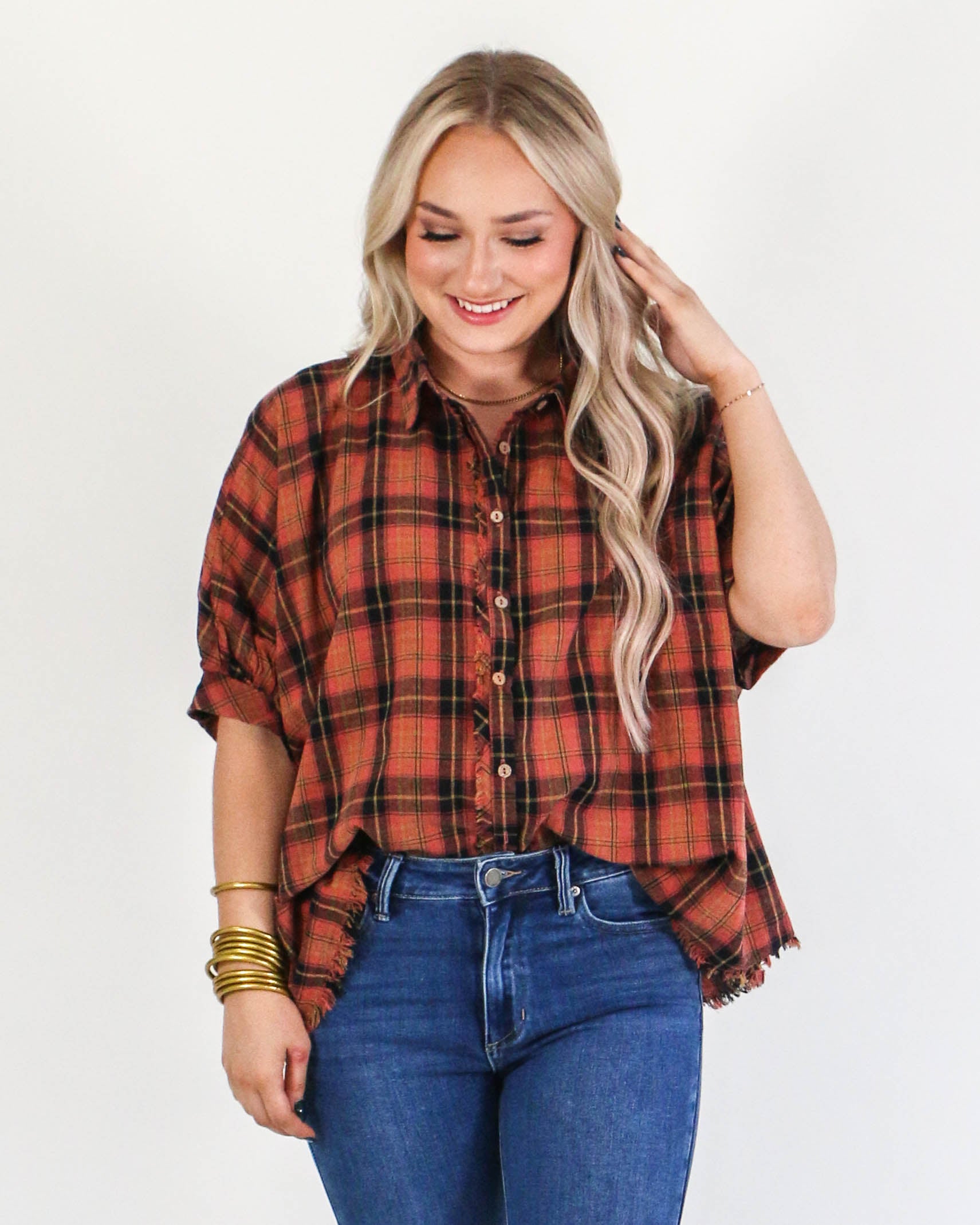 Plaid Collared Button Down Top in Rust