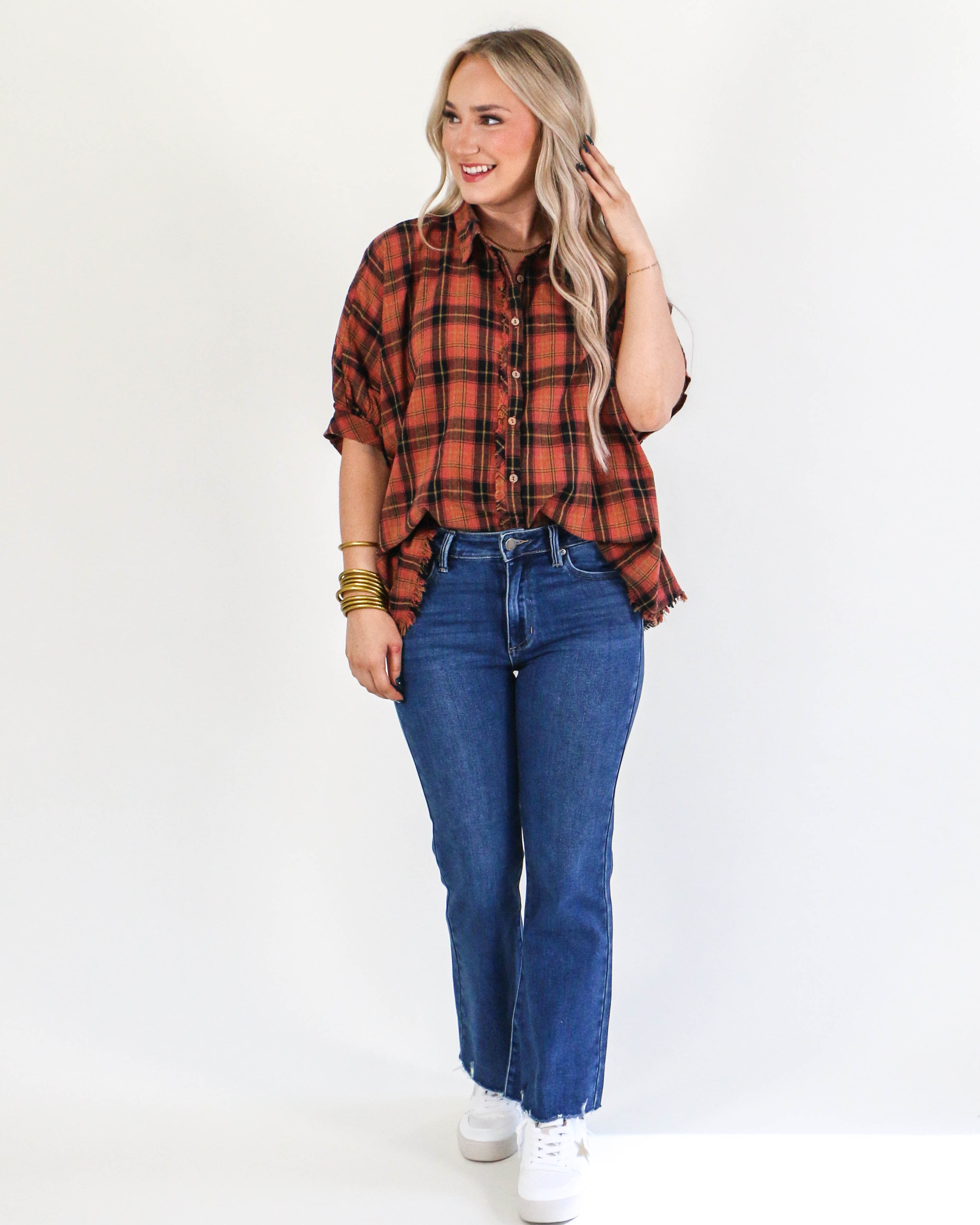 Plaid Collared Button Down Top in Rust