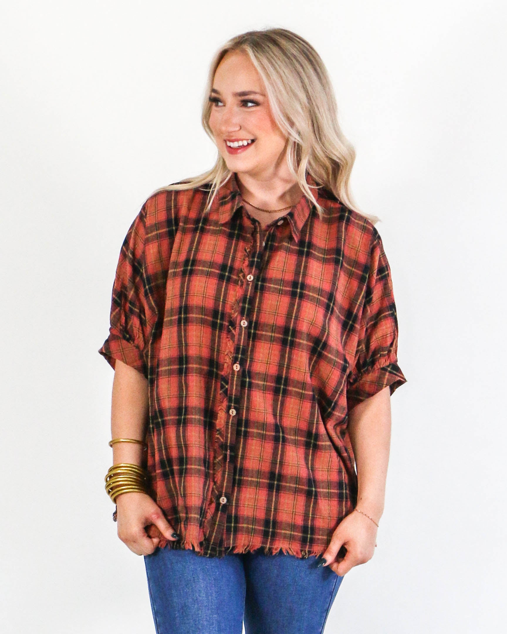 Plaid Collared Button Down Top in Rust