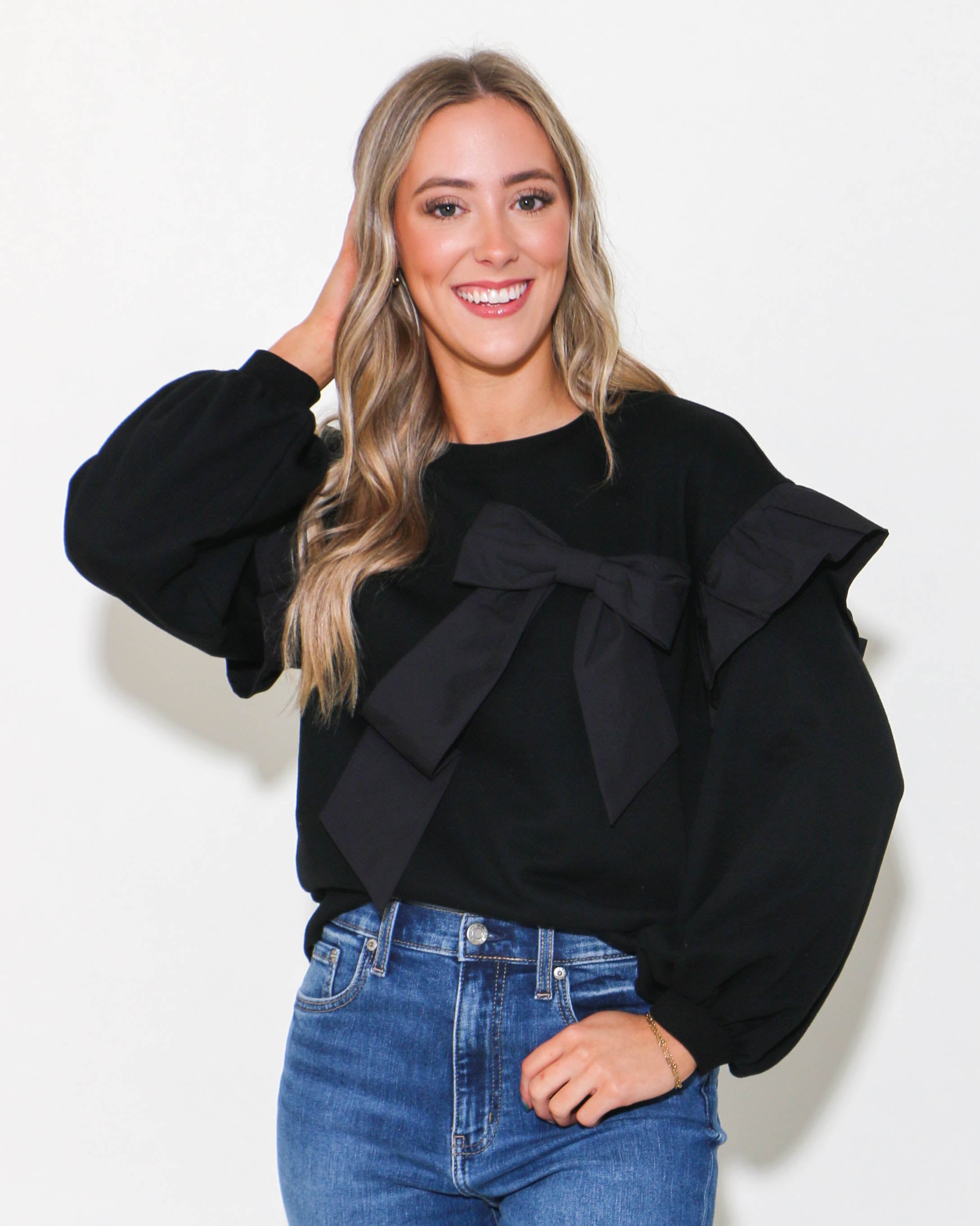 Long Sleeve Bow Top in Black