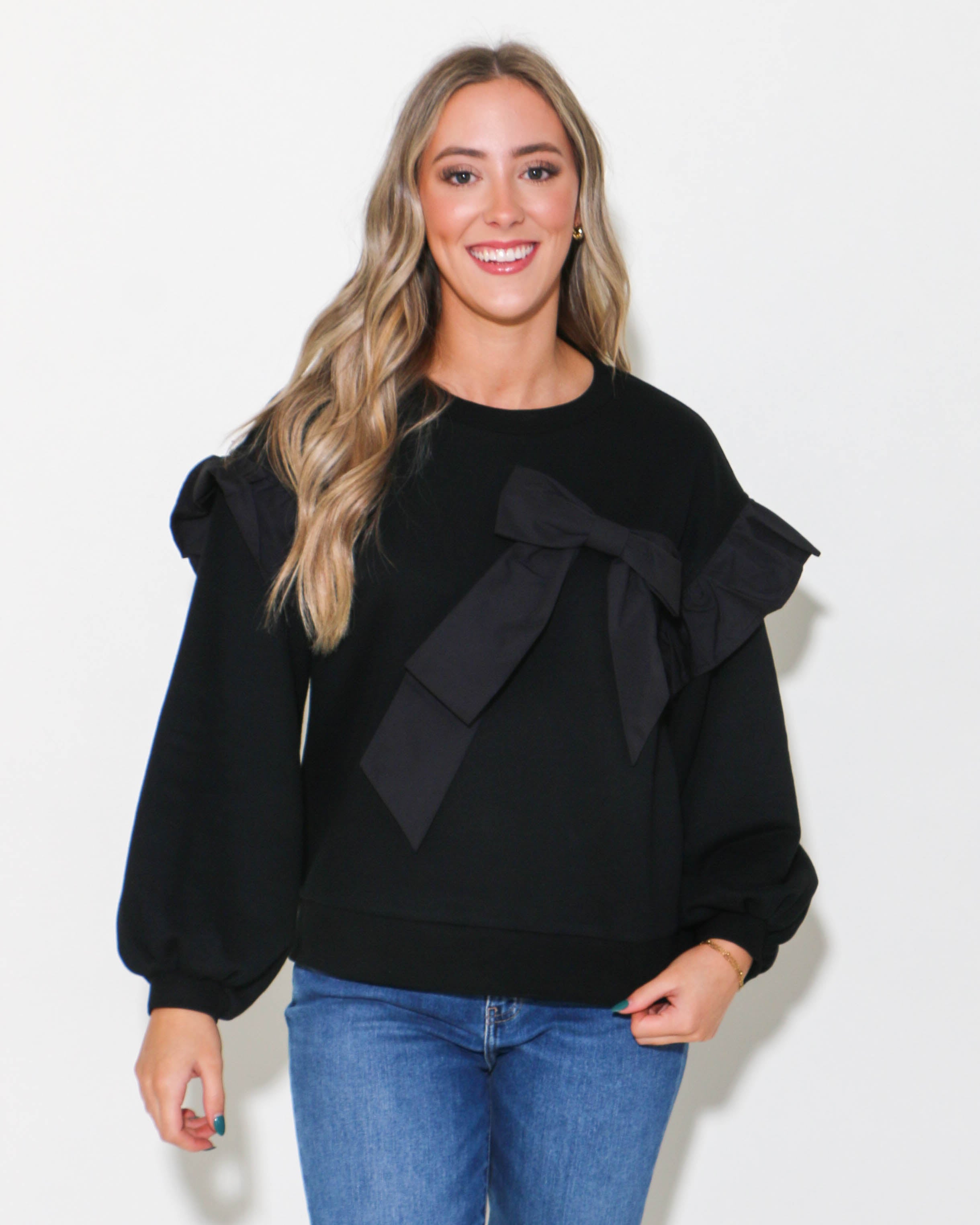 Long Sleeve Bow Top in Black