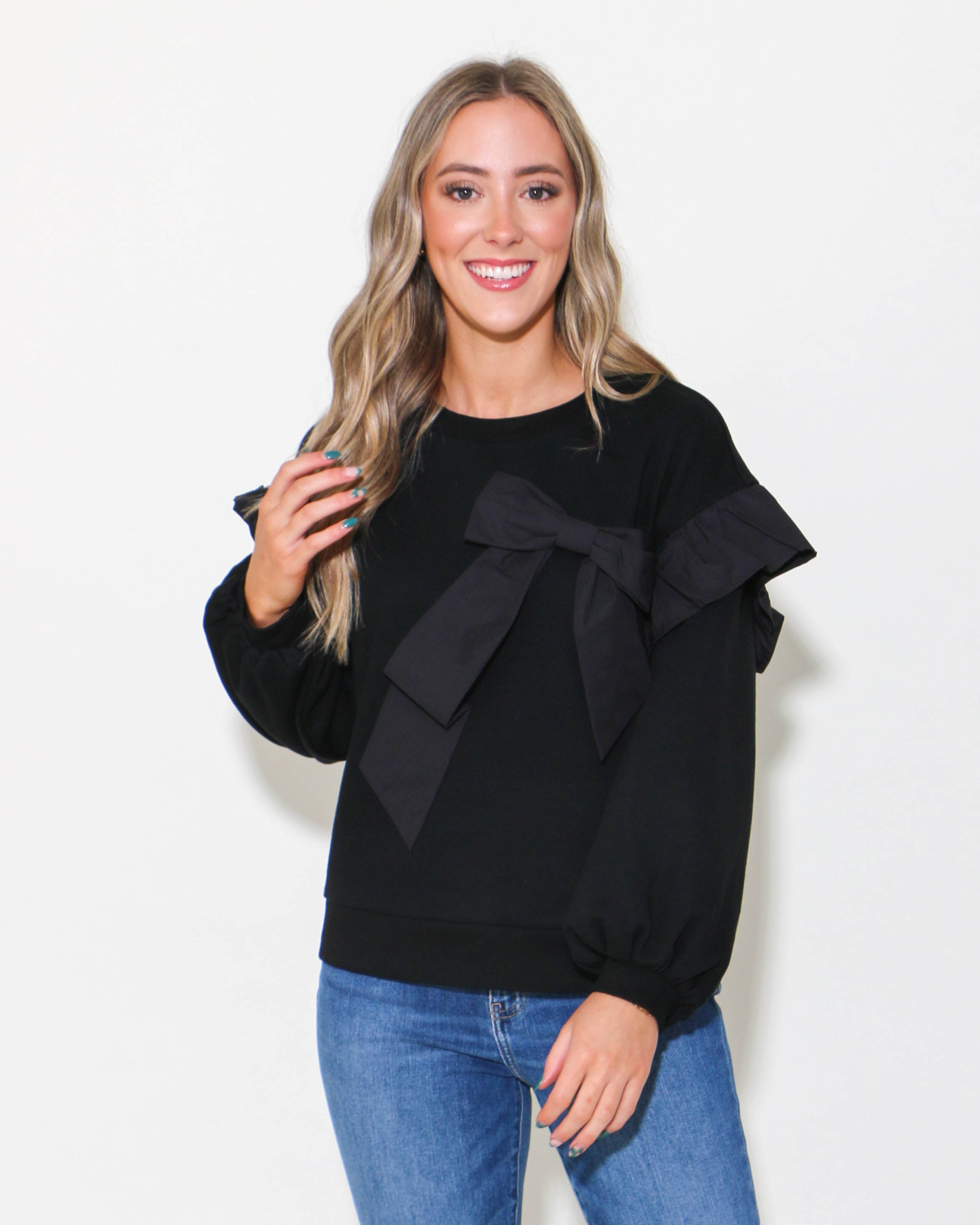 Long Sleeve Bow Top in Black