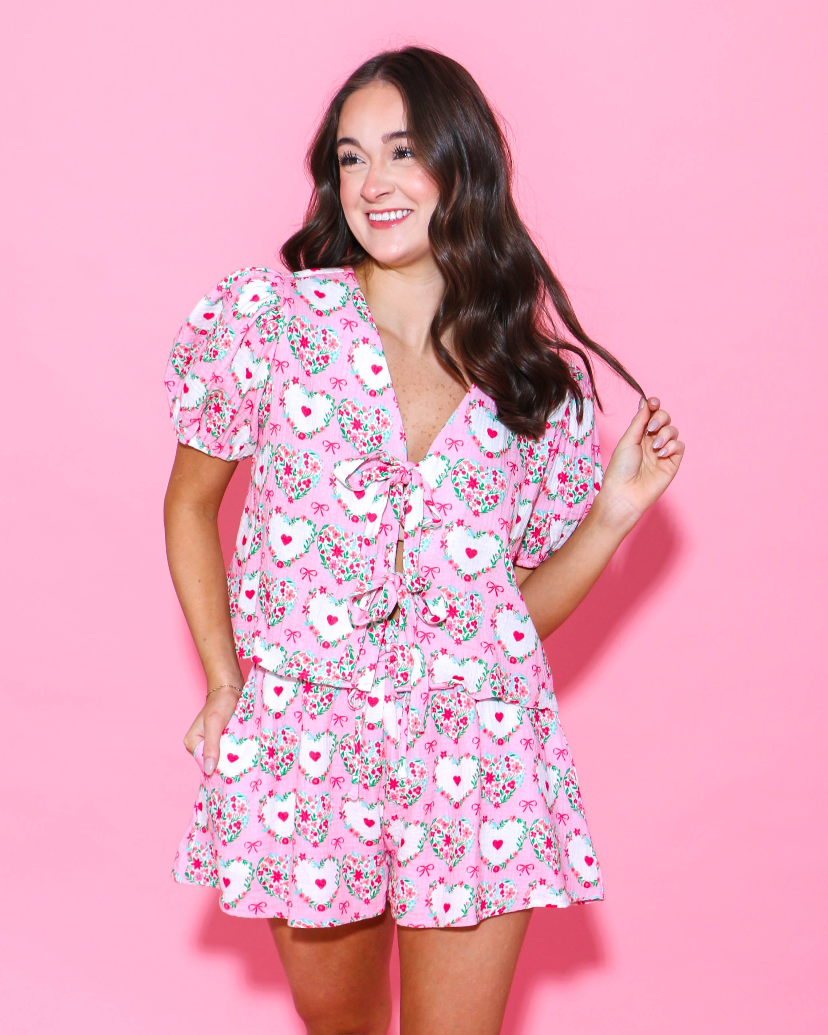 Gauze Print Tie Front Puff Sleeve Pajama Set