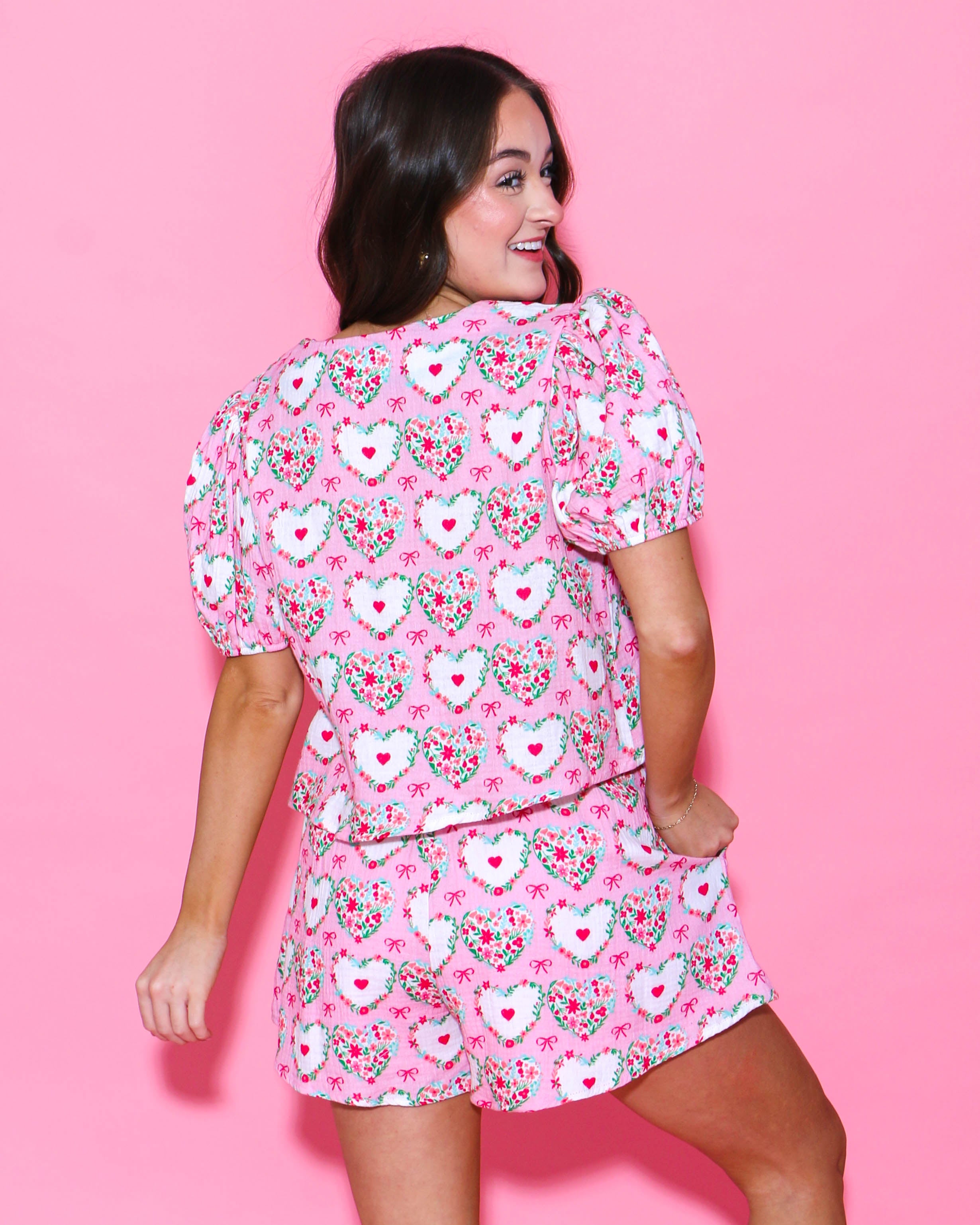 Gauze Print Tie Front Puff Sleeve Pajama Set