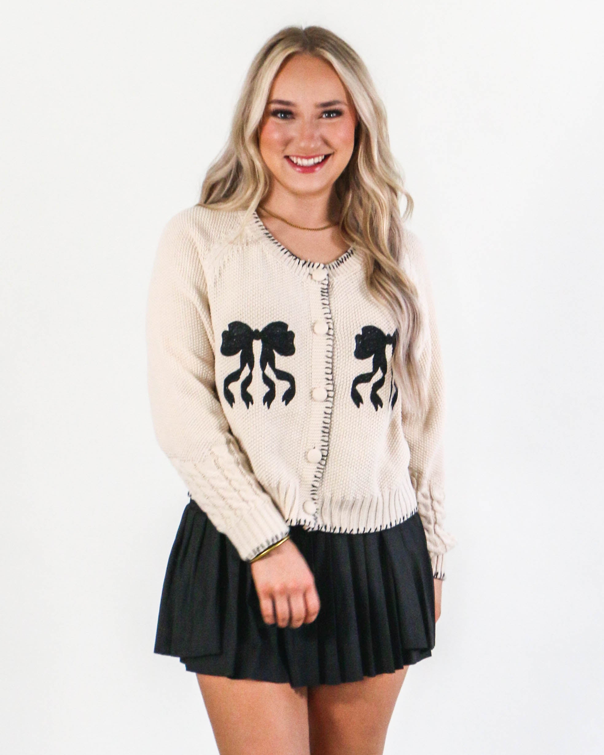 Bow Embroidered Knit Button Up Cardigan