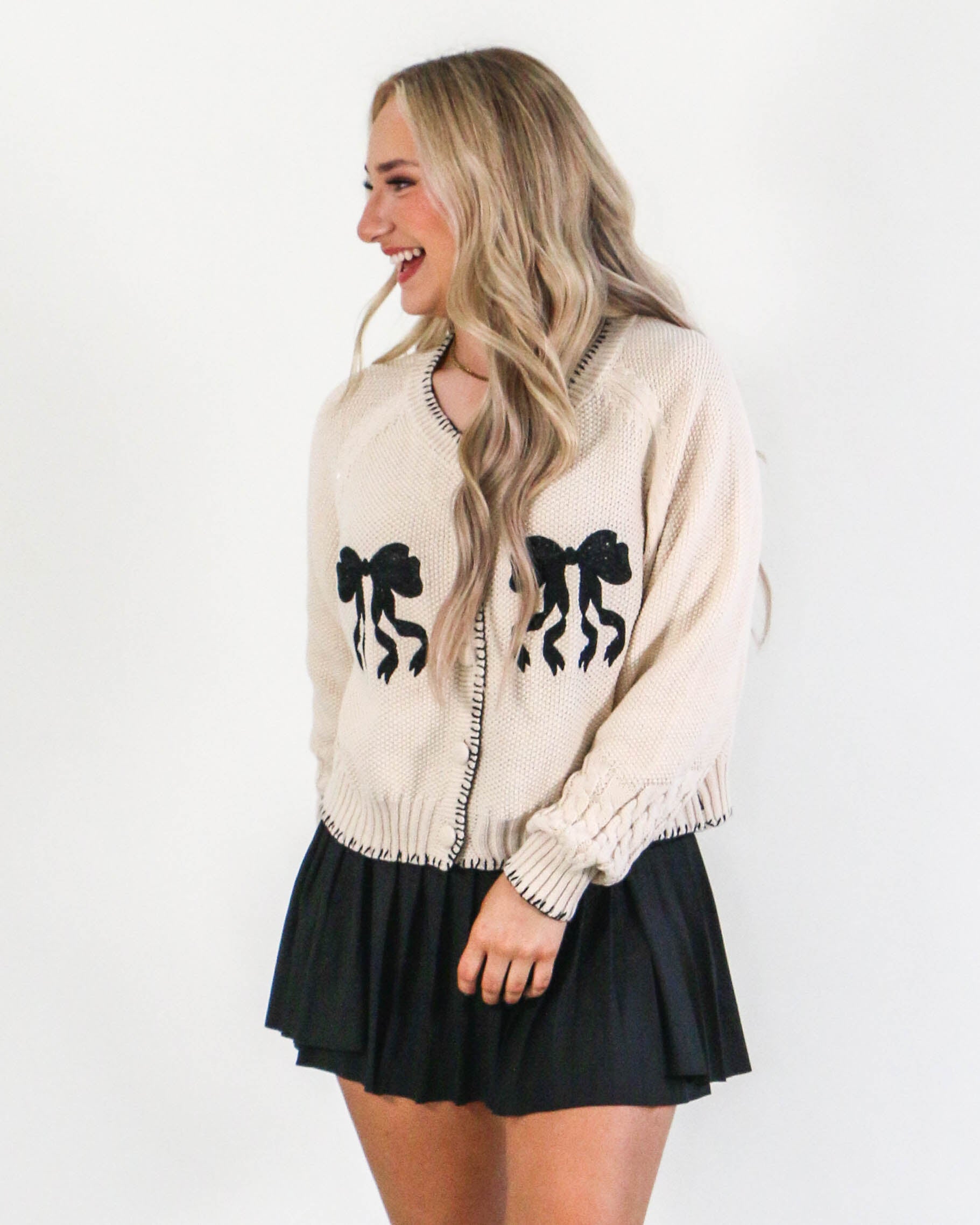 Bow Embroidered Knit Button Up Cardigan