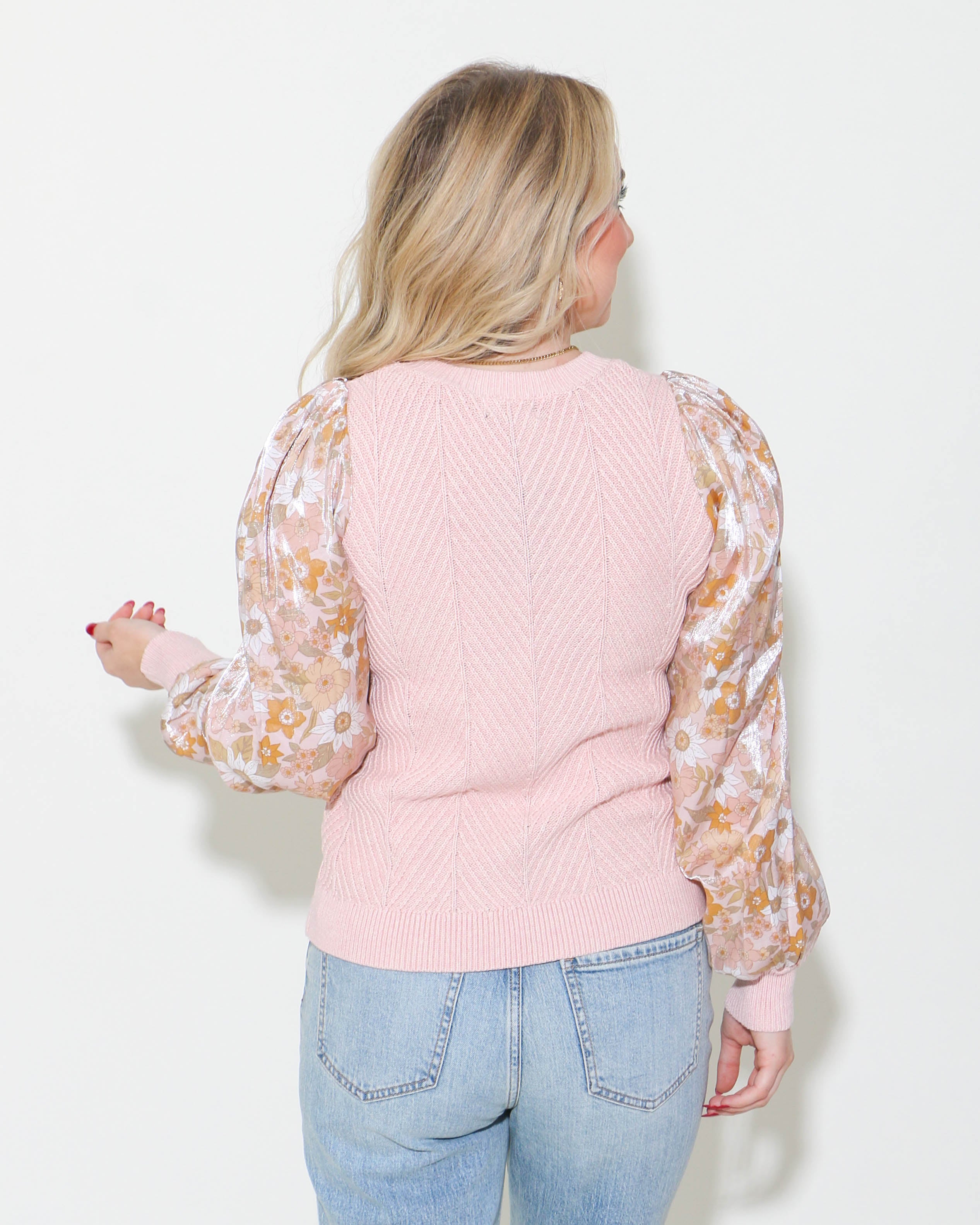 Puff Sleeve Cable Knit Sweater in Powder Pink