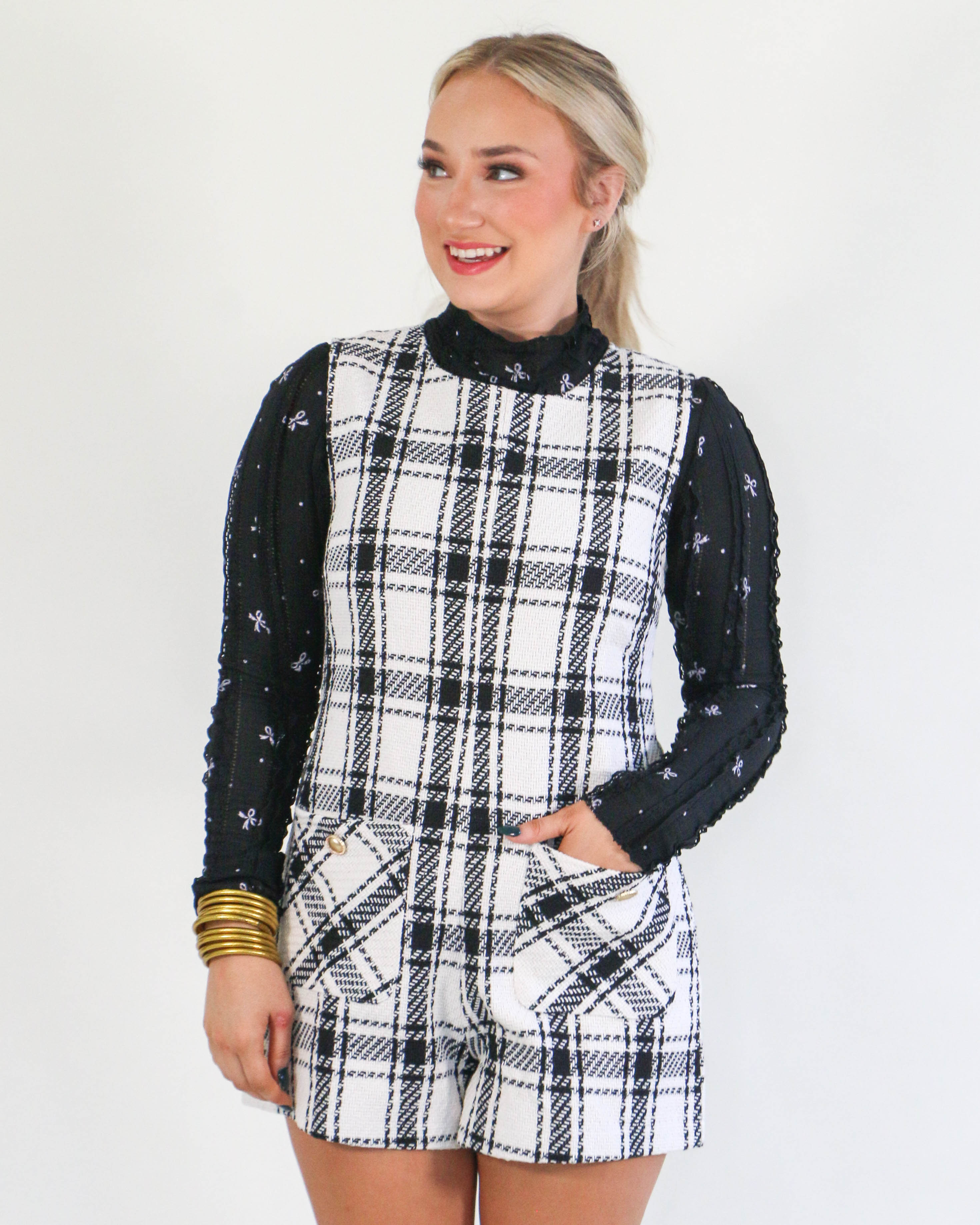 White/Black Sleeveless Round Neck Plaid Tweed Romper With Pocket Details