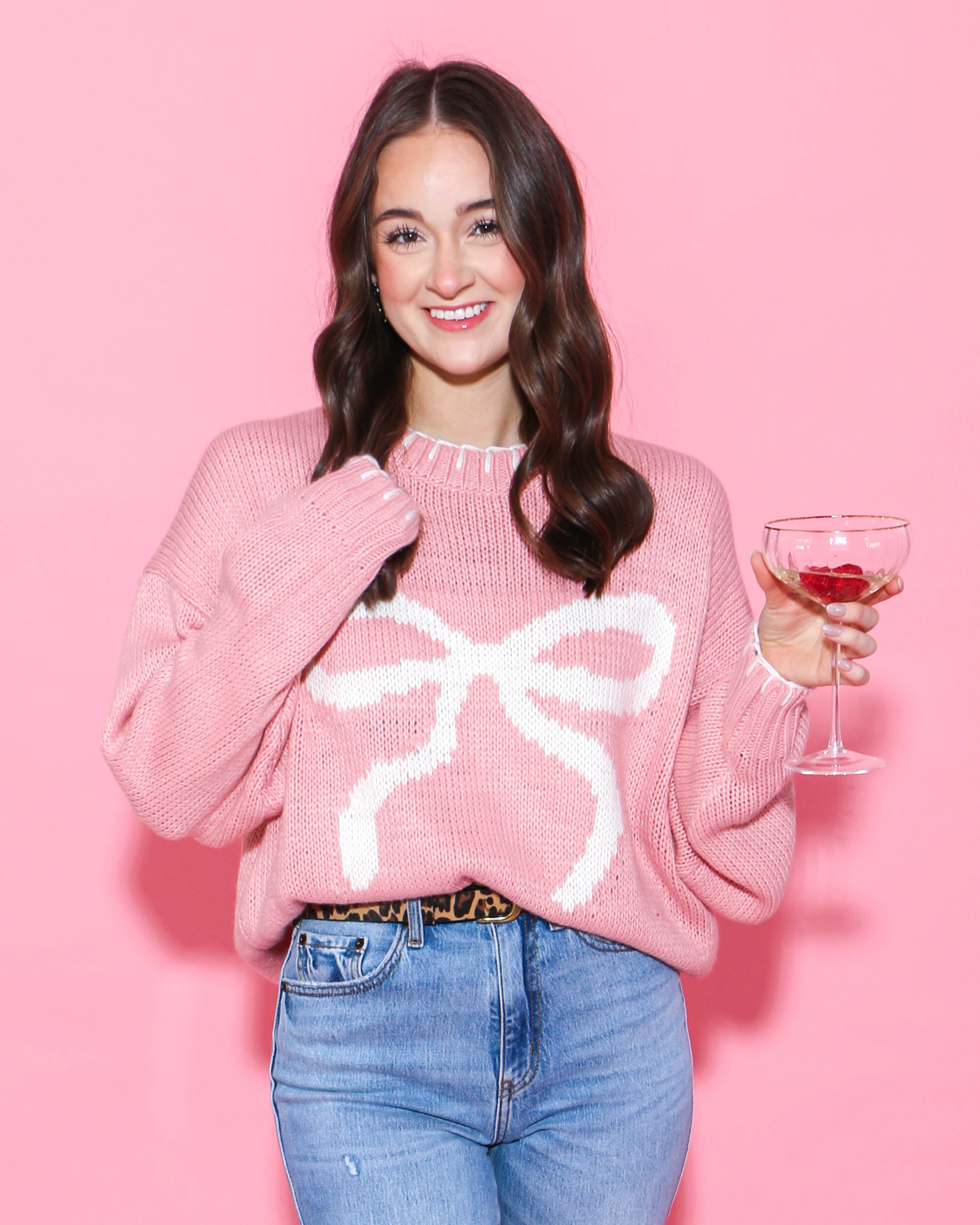 White Bow Pink Sweater