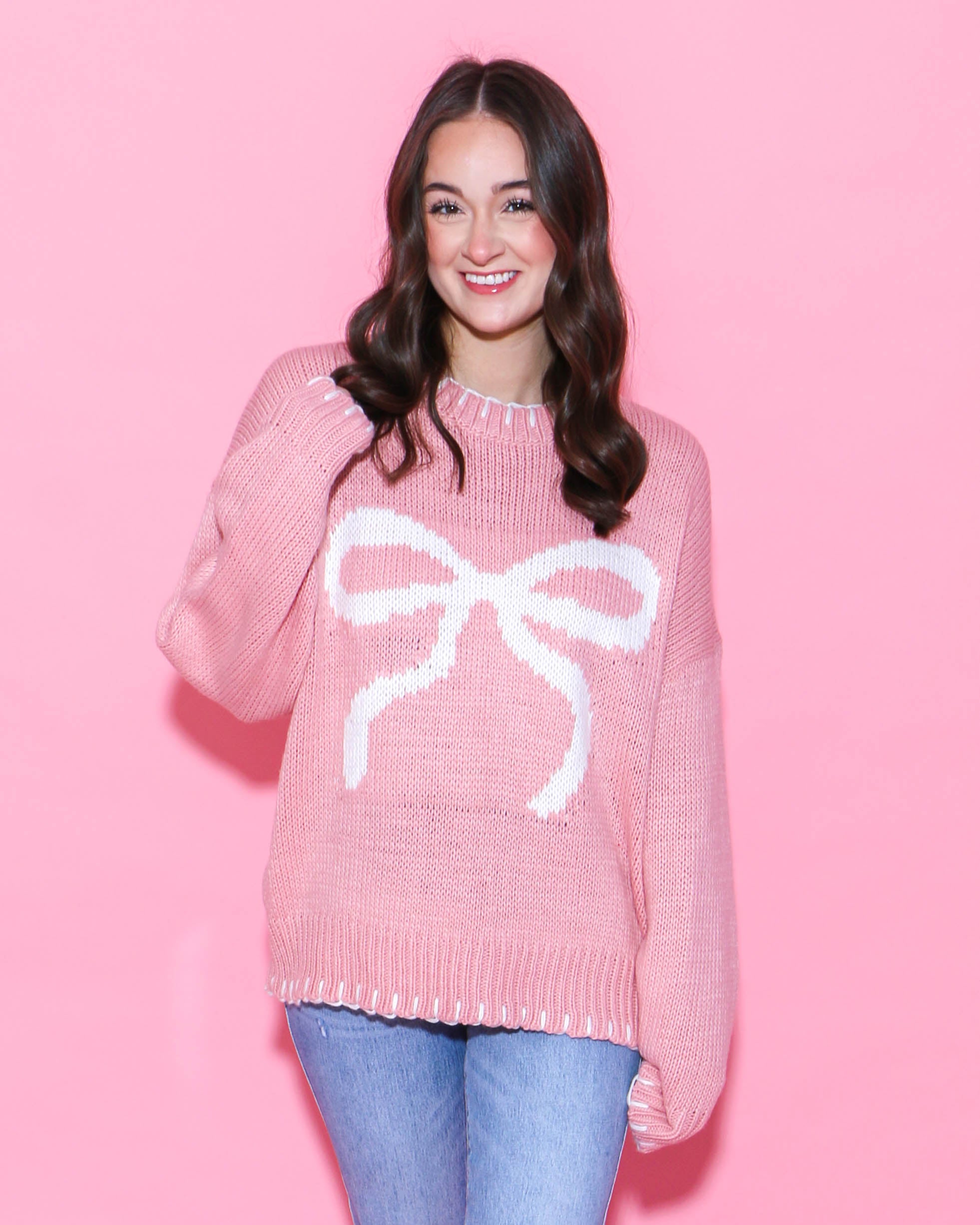 White Bow Pink Sweater