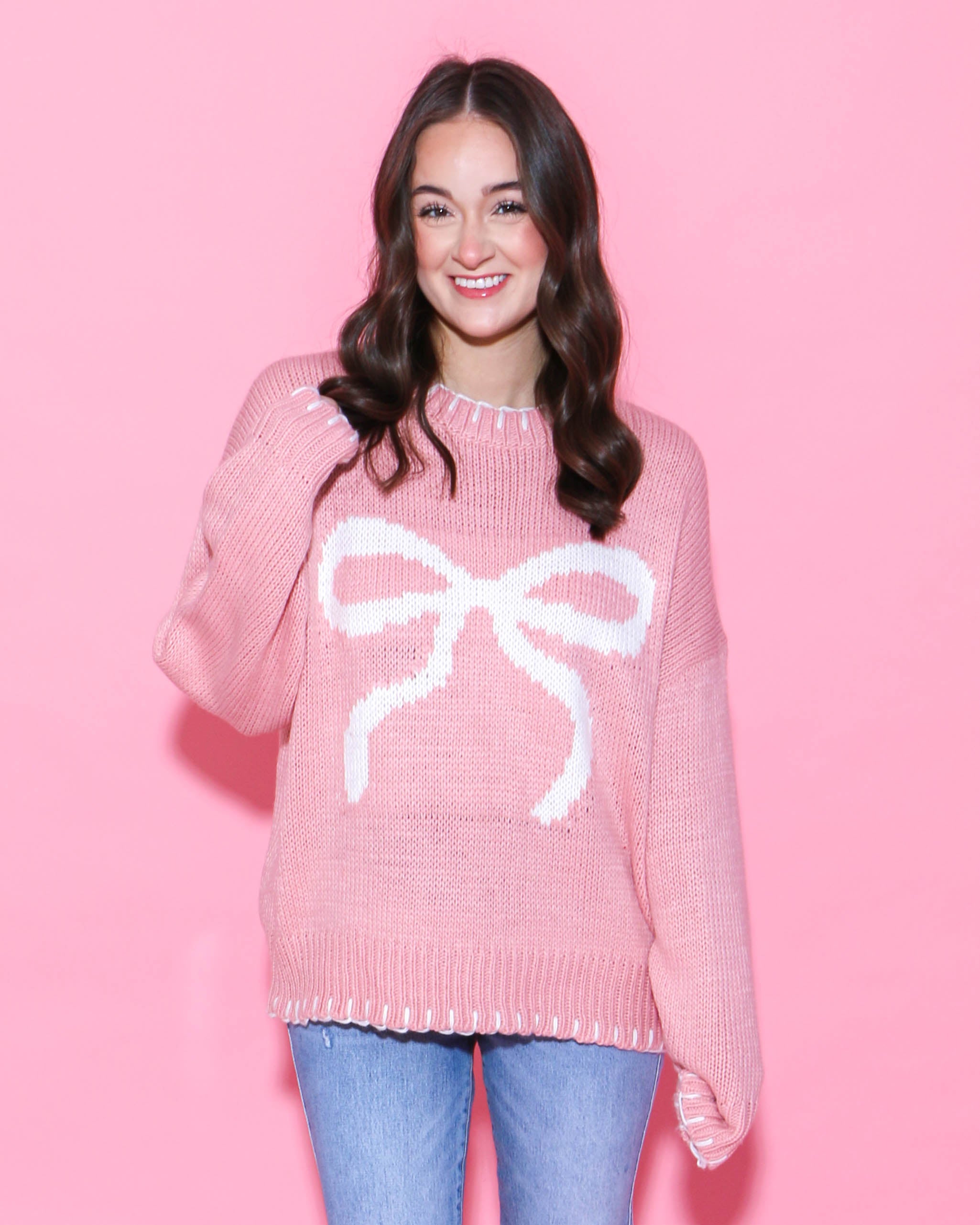 White Bow Pink Sweater