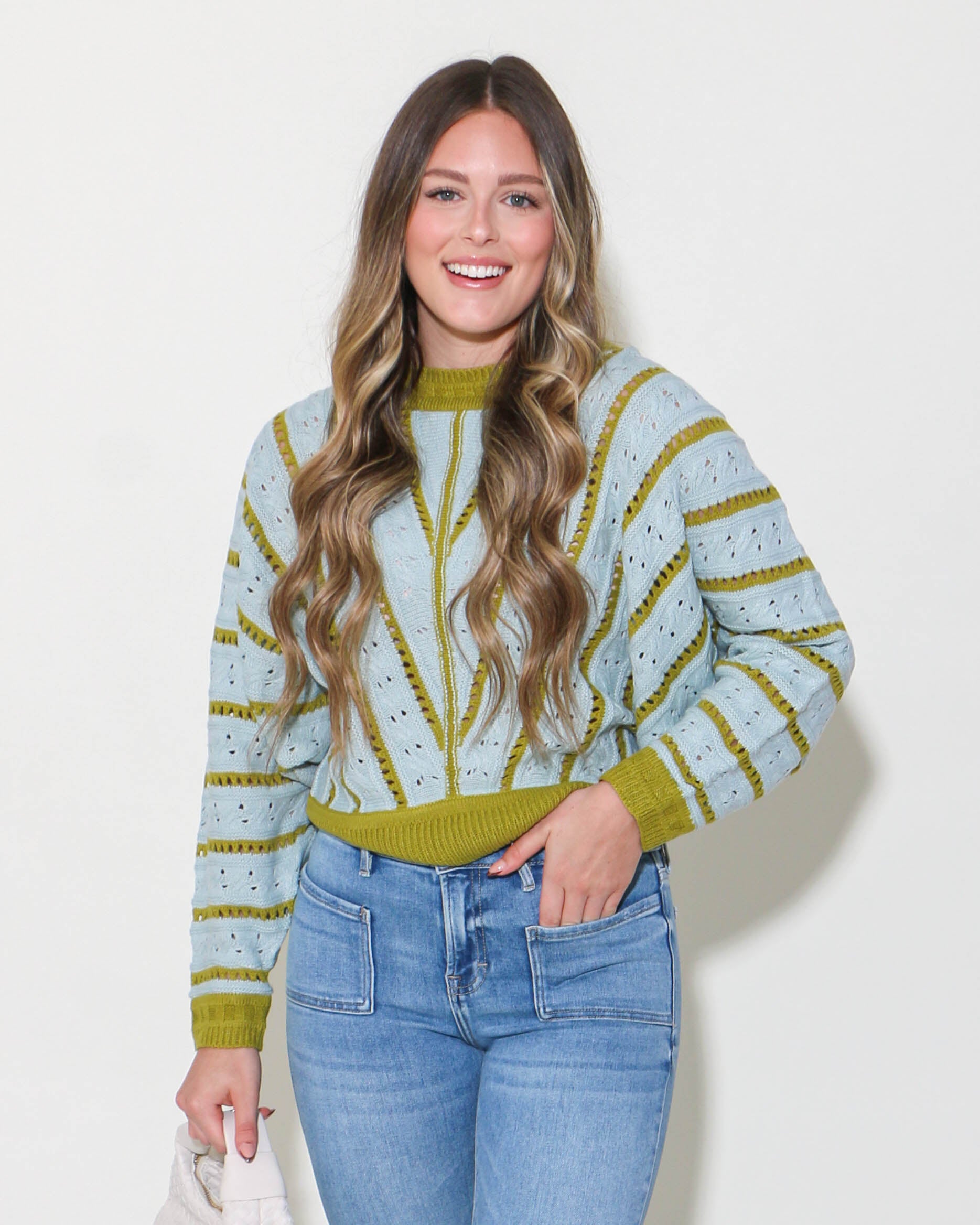 V- Striped Pointelle Light Weight Knit Sweater