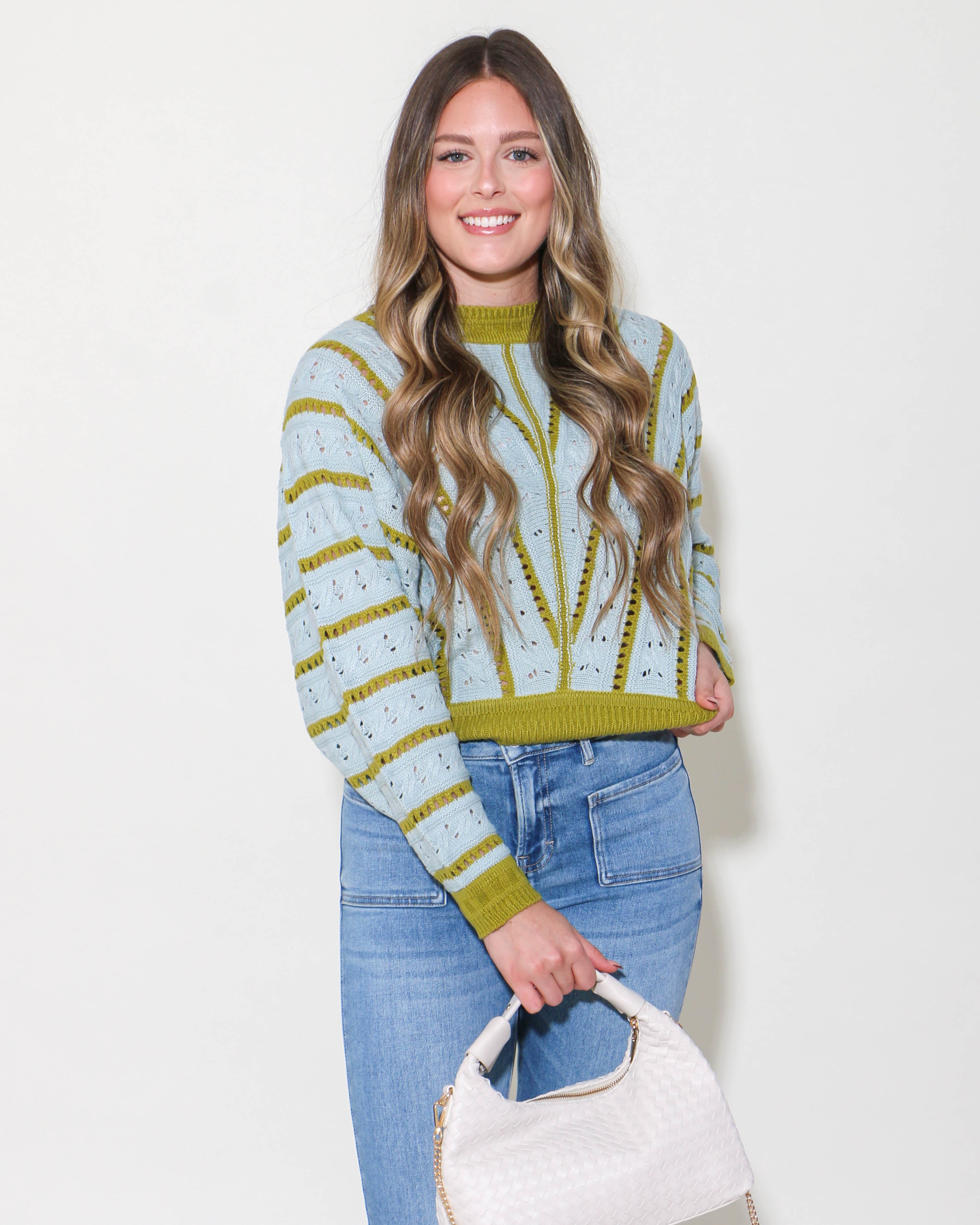 V- Striped Pointelle Light Weight Knit Sweater