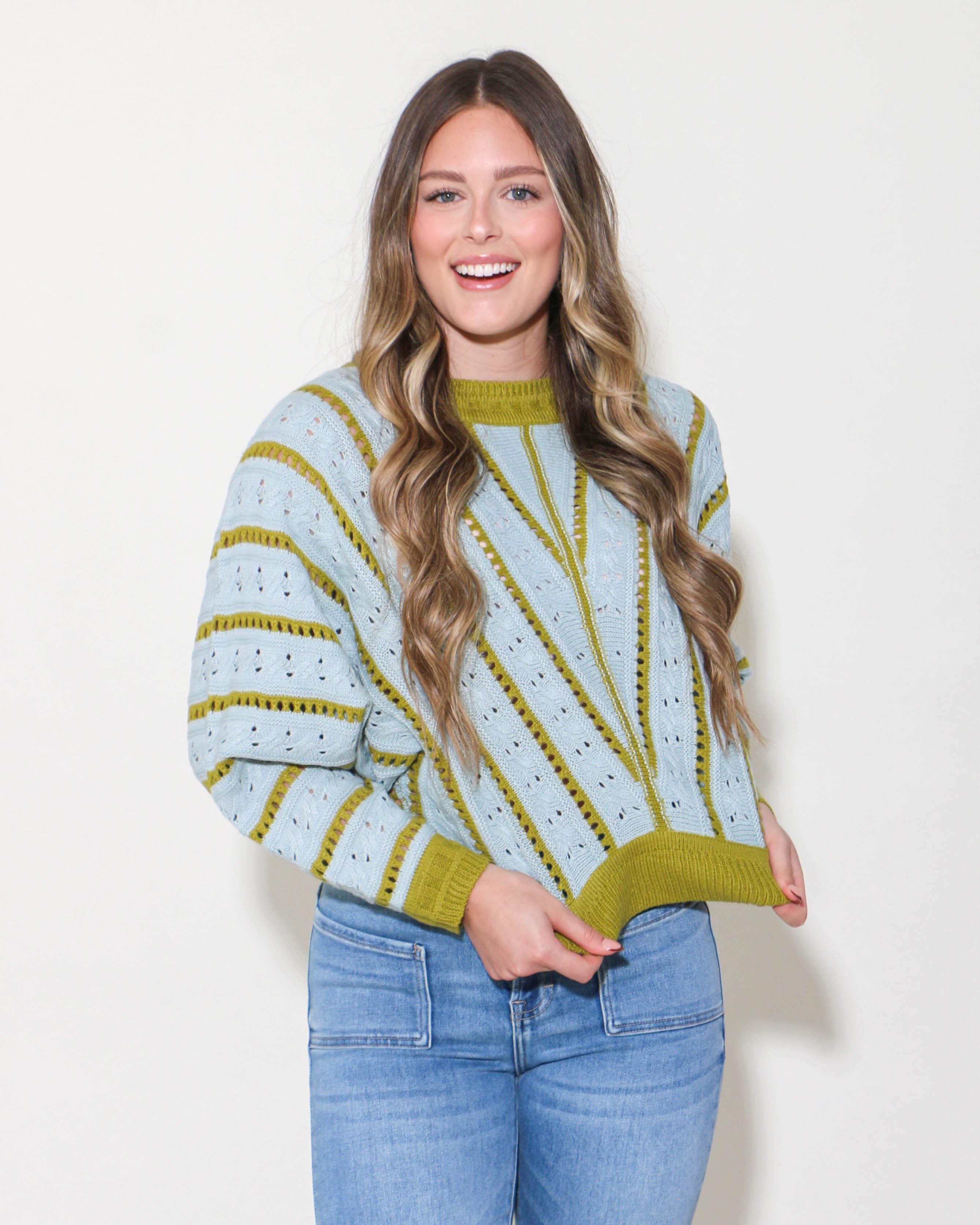 V- Striped Pointelle Light Weight Knit Sweater