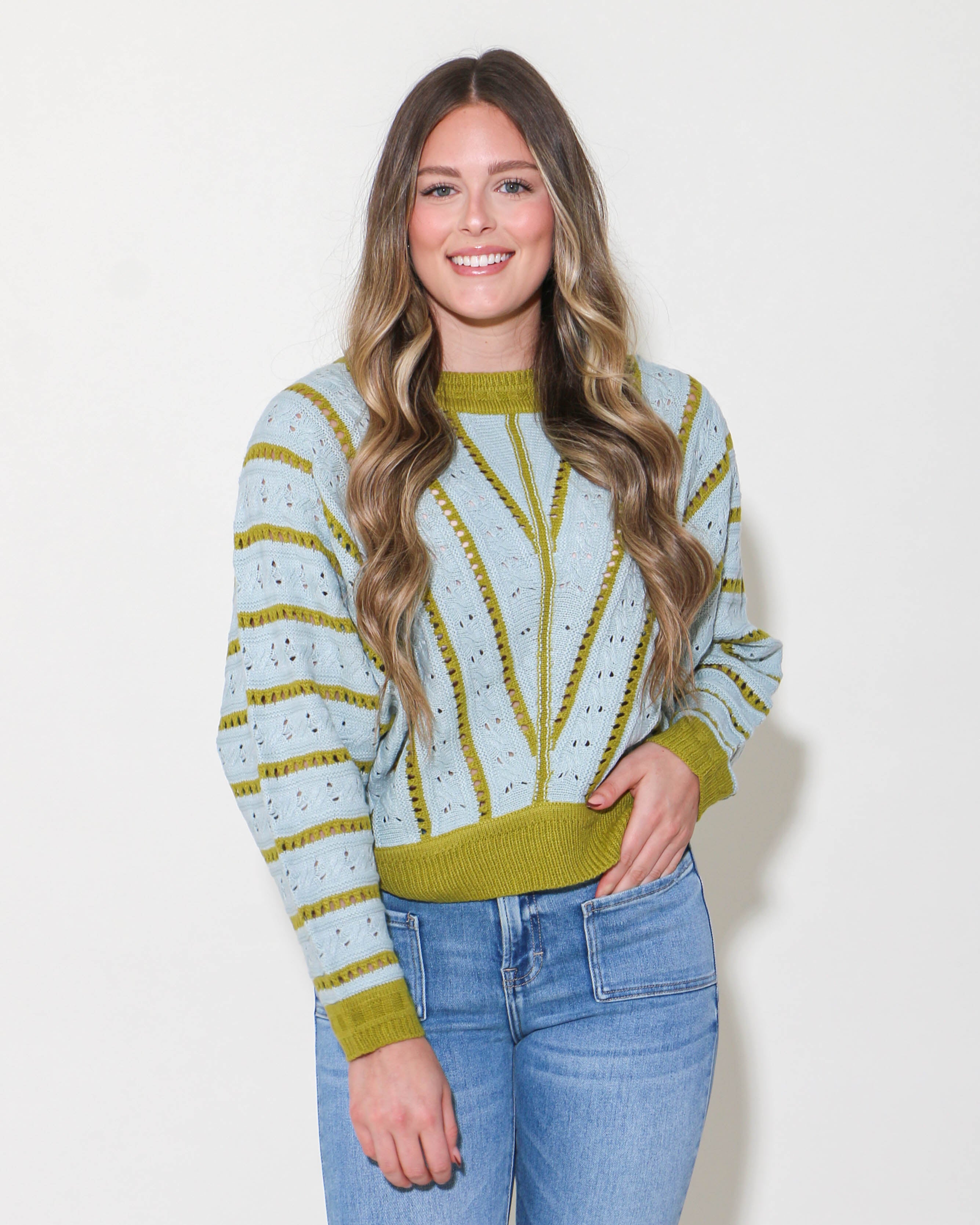 V- Striped Pointelle Light Weight Knit Sweater