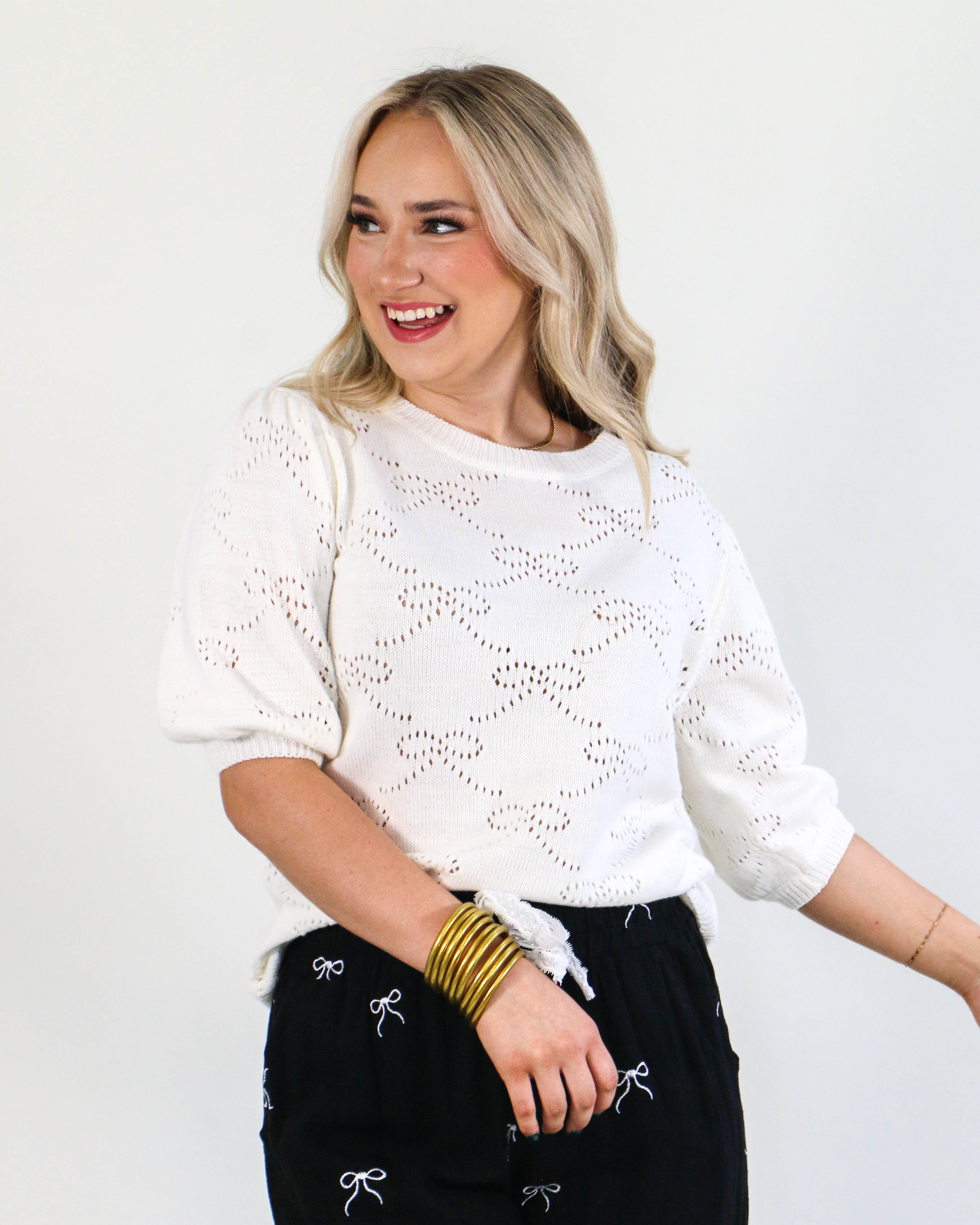 Ribbon Round Neck Top in Ivory