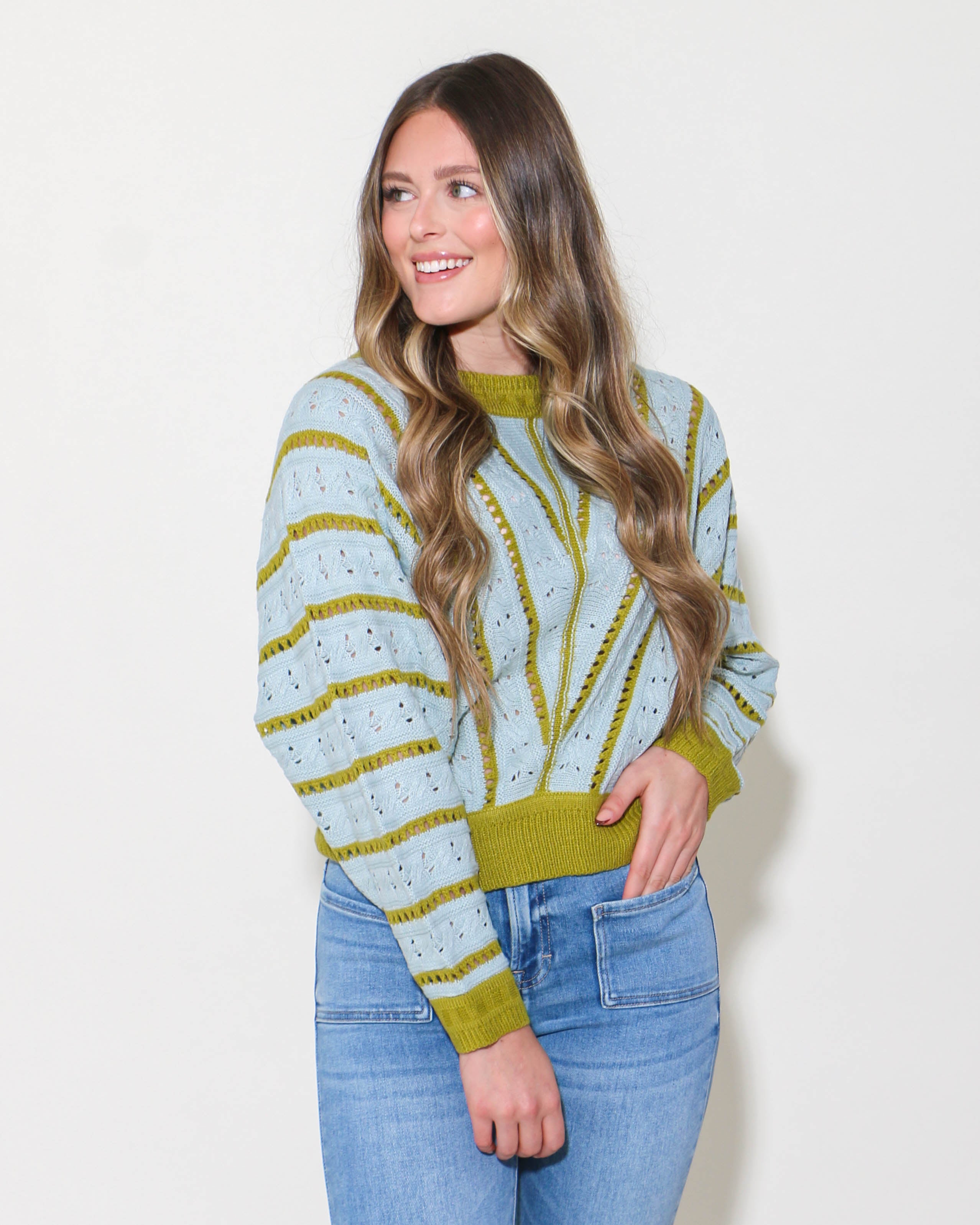 V- Striped Pointelle Light Weight Knit Sweater