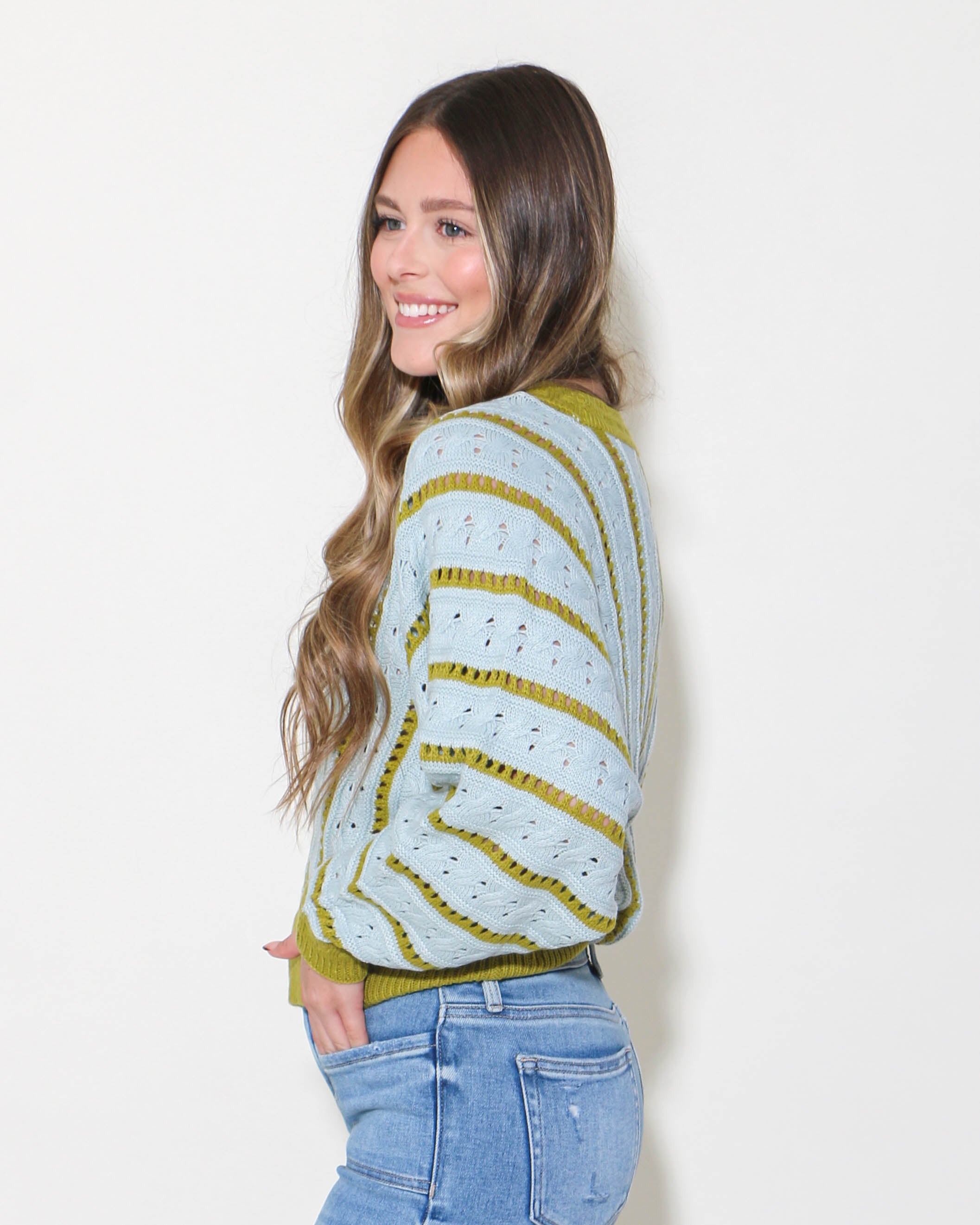 V- Striped Pointelle Light Weight Knit Sweater